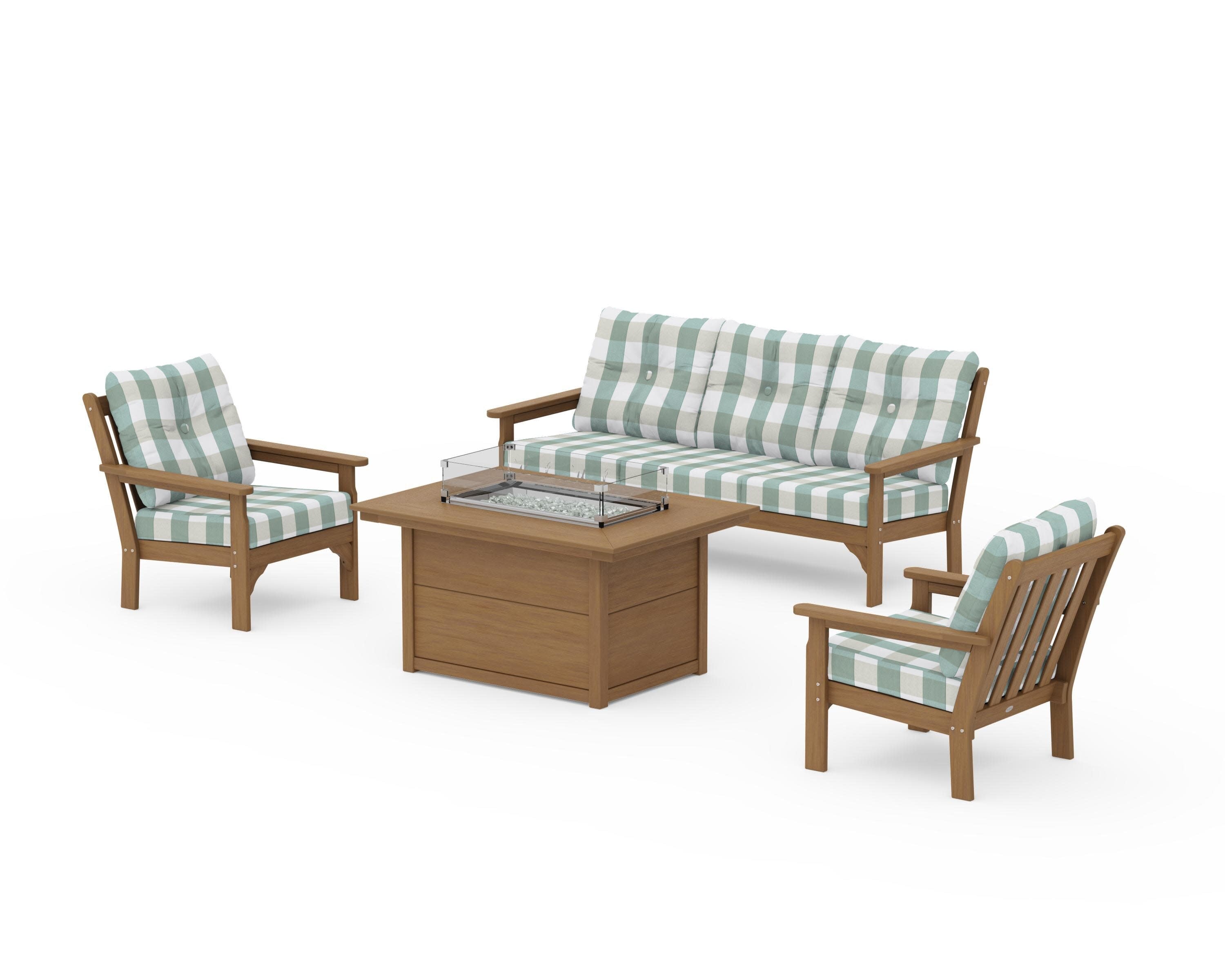 Vineyard Deep Seating Fire Pit Table Set in Natural / Buffalo Plaid Glacier Spa