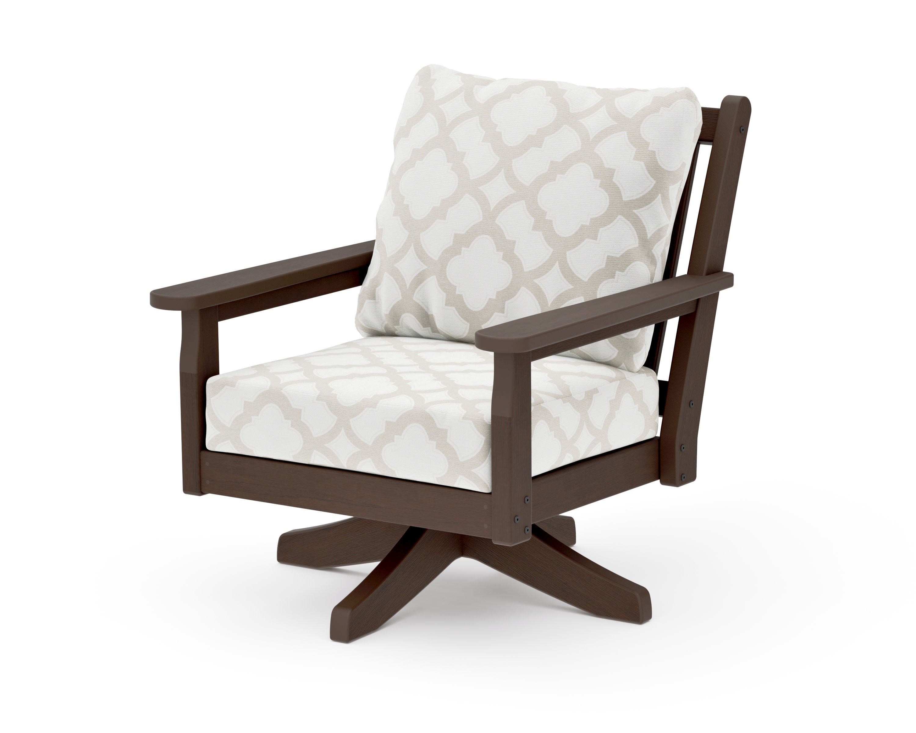 Chippendale Deep Seating Swivel Chair in Kona / Trellis Dune Burlap