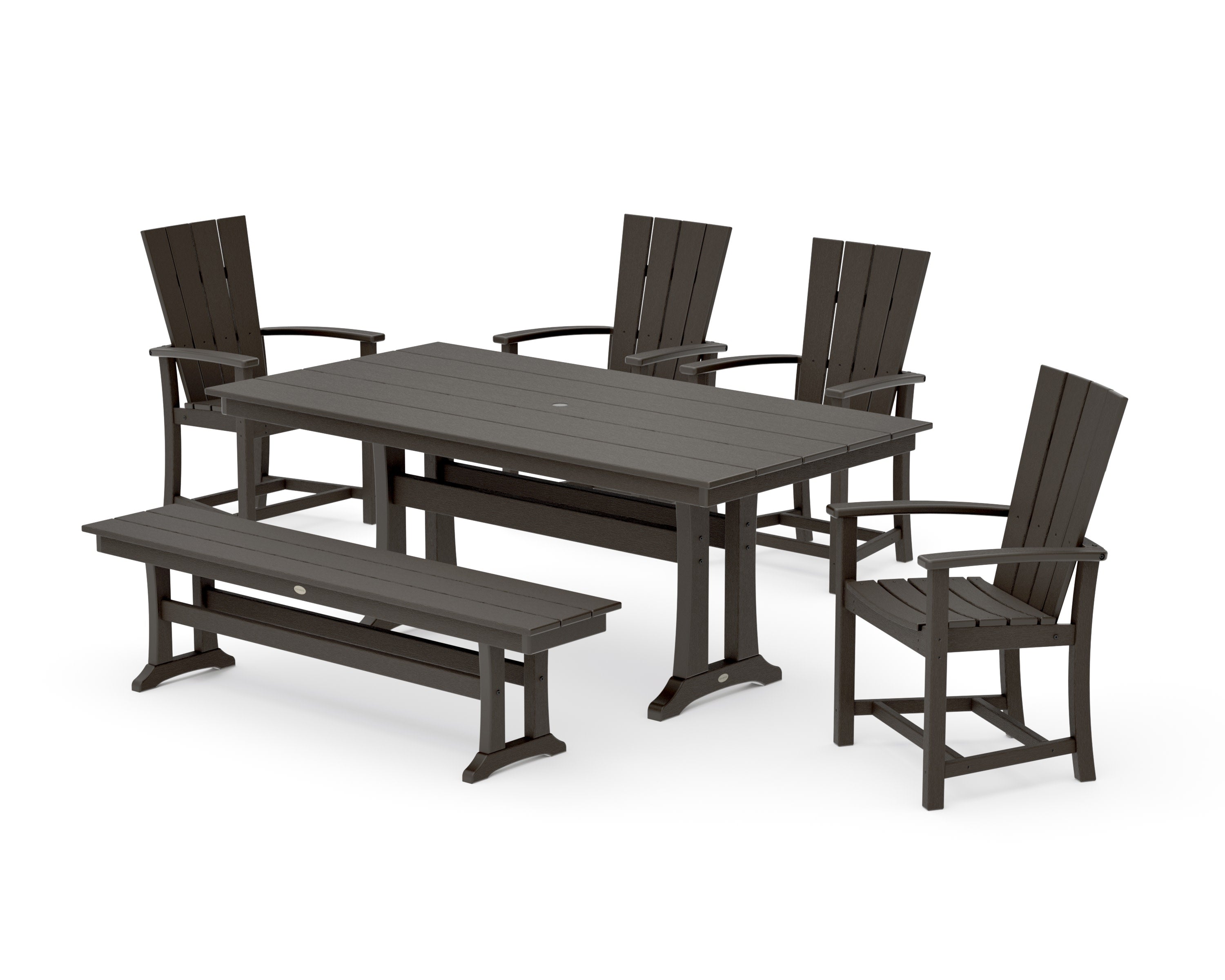 Quattro 6-Piece Farmhouse Dining Set with Trestle Legs and Bench in Vintage Coffee