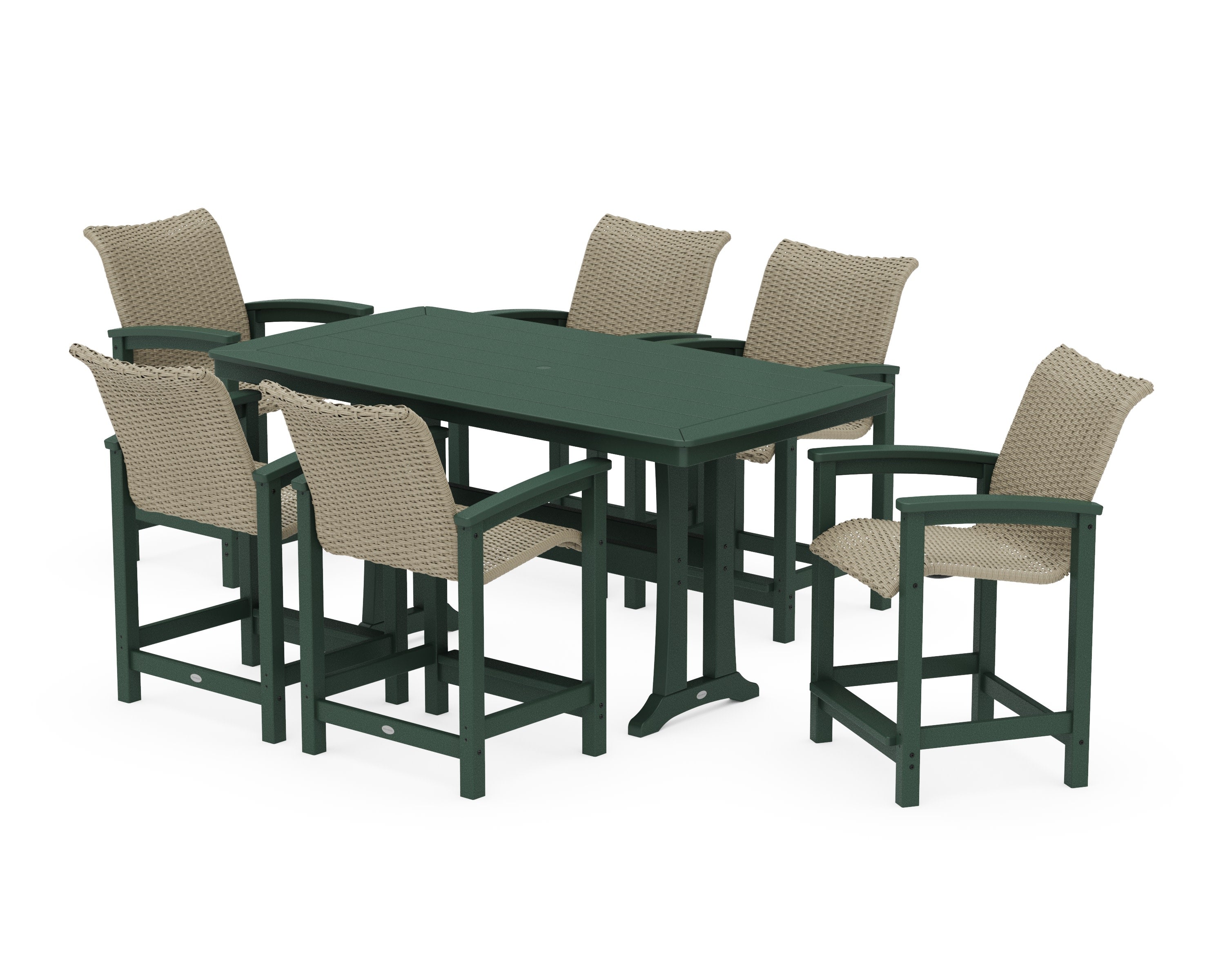 Coastal Woven Arm Chair 7-Piece Counter Set with Trestle Legs in Green / Dune Grass