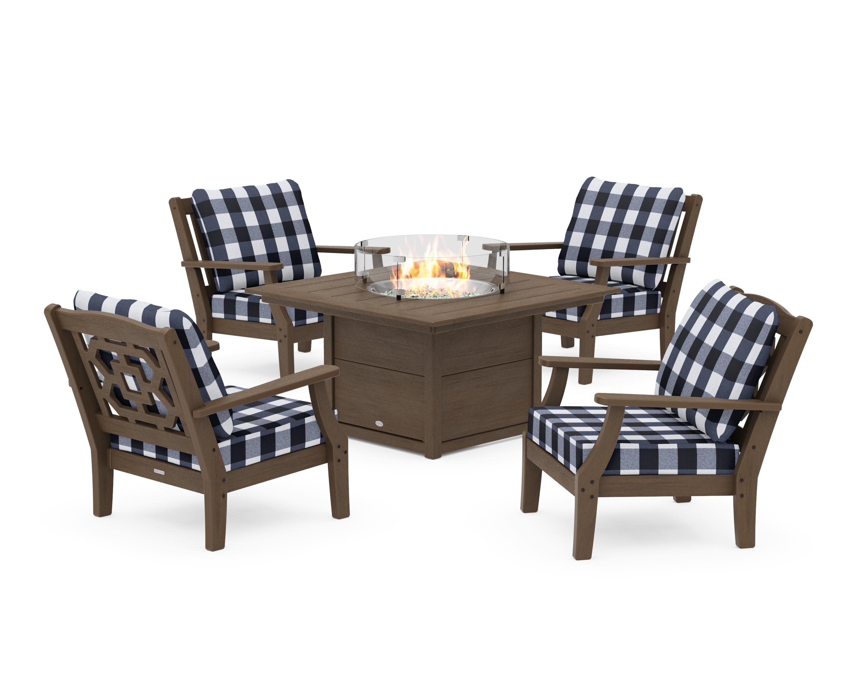 Chinoiserie 5-Piece Deep Seating Set with Fire Pit Table in Kona / Buffalo Plaid Marine Indigo