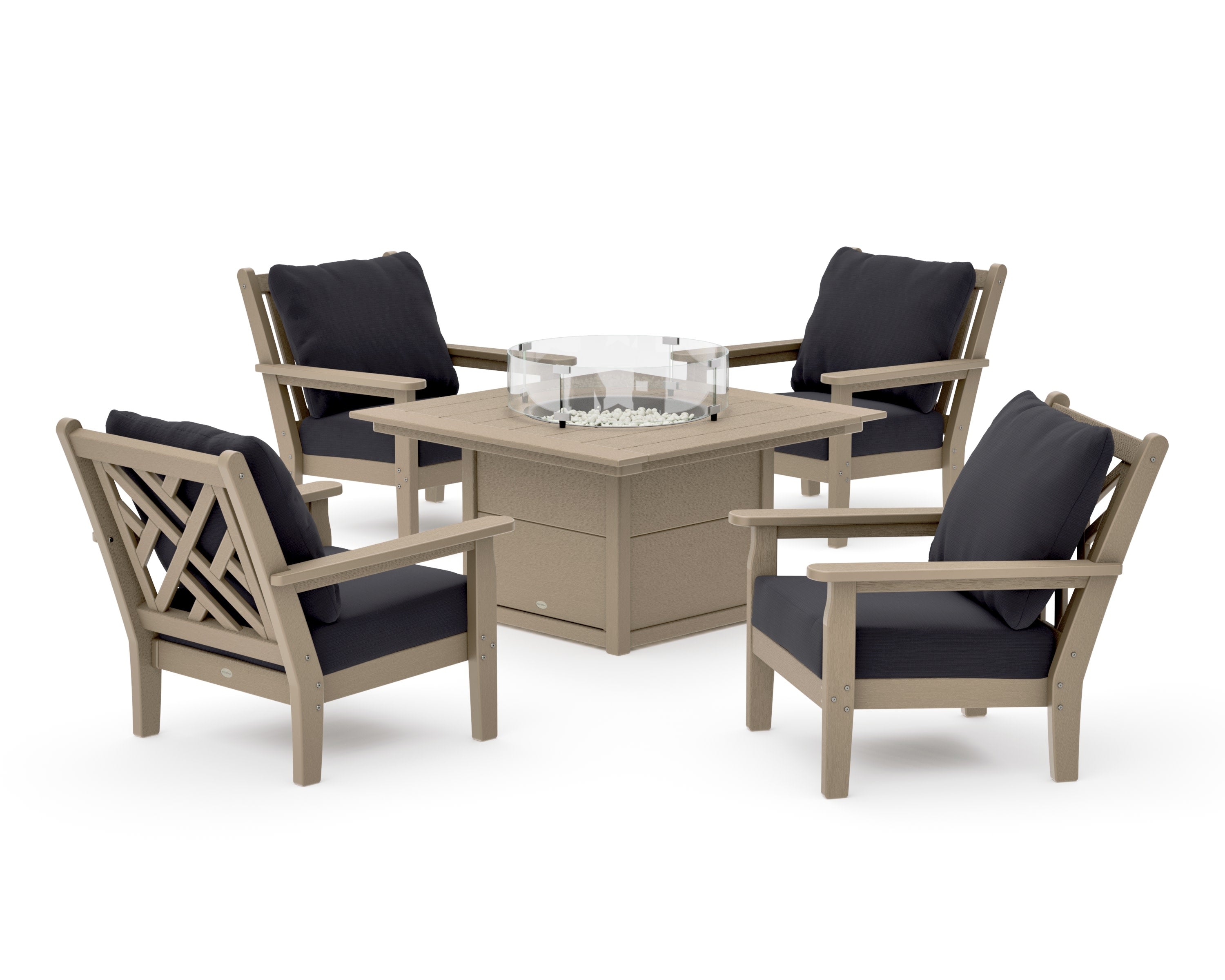 Chippendale 5-Piece Deep Seating Set with Fire Pit Table in Vintage Sahara / Midnight Linen