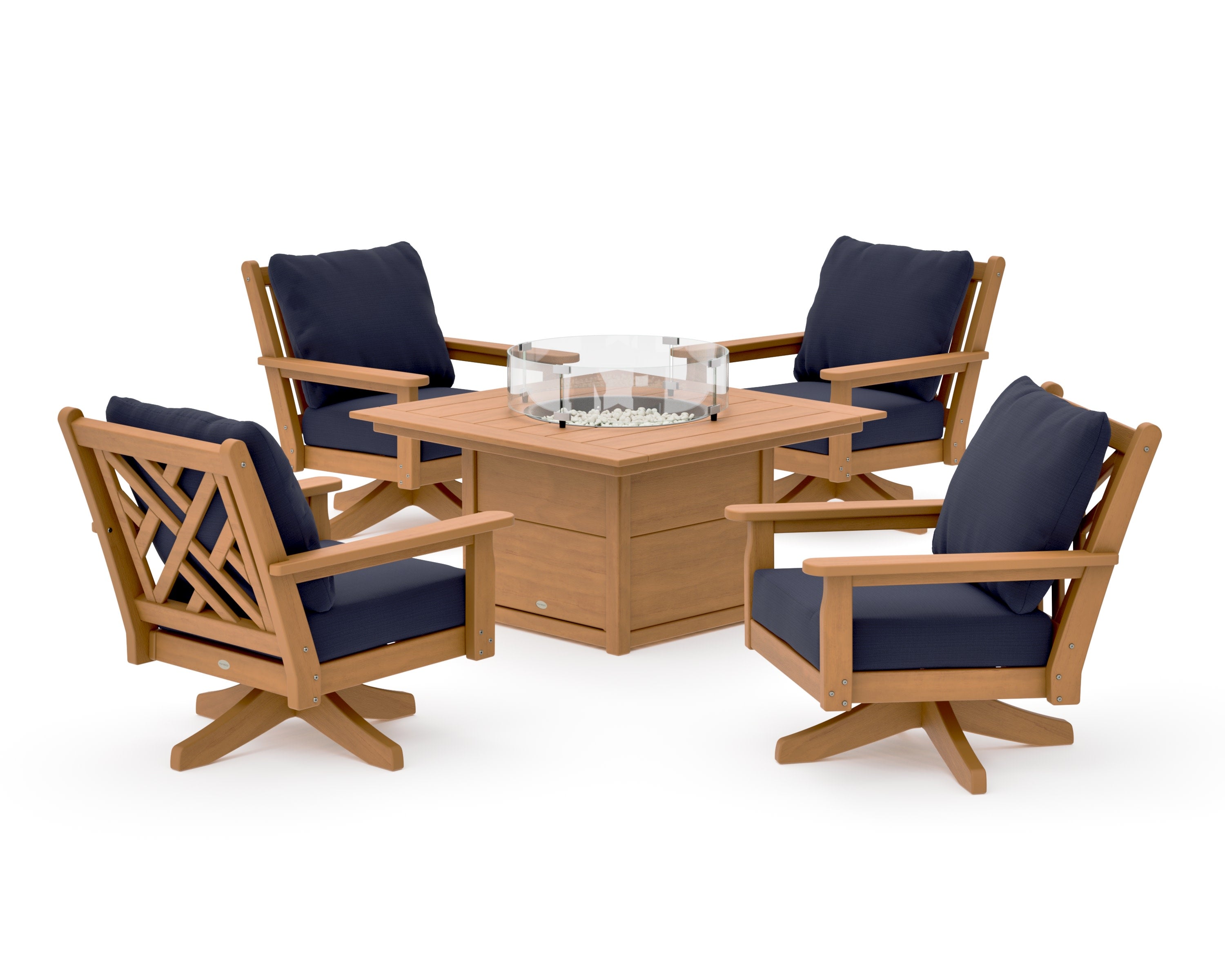 Chippendale 5-Piece Deep Seating Swivel Conversation Set with Fire Pit Table in Natural / Navy Linen