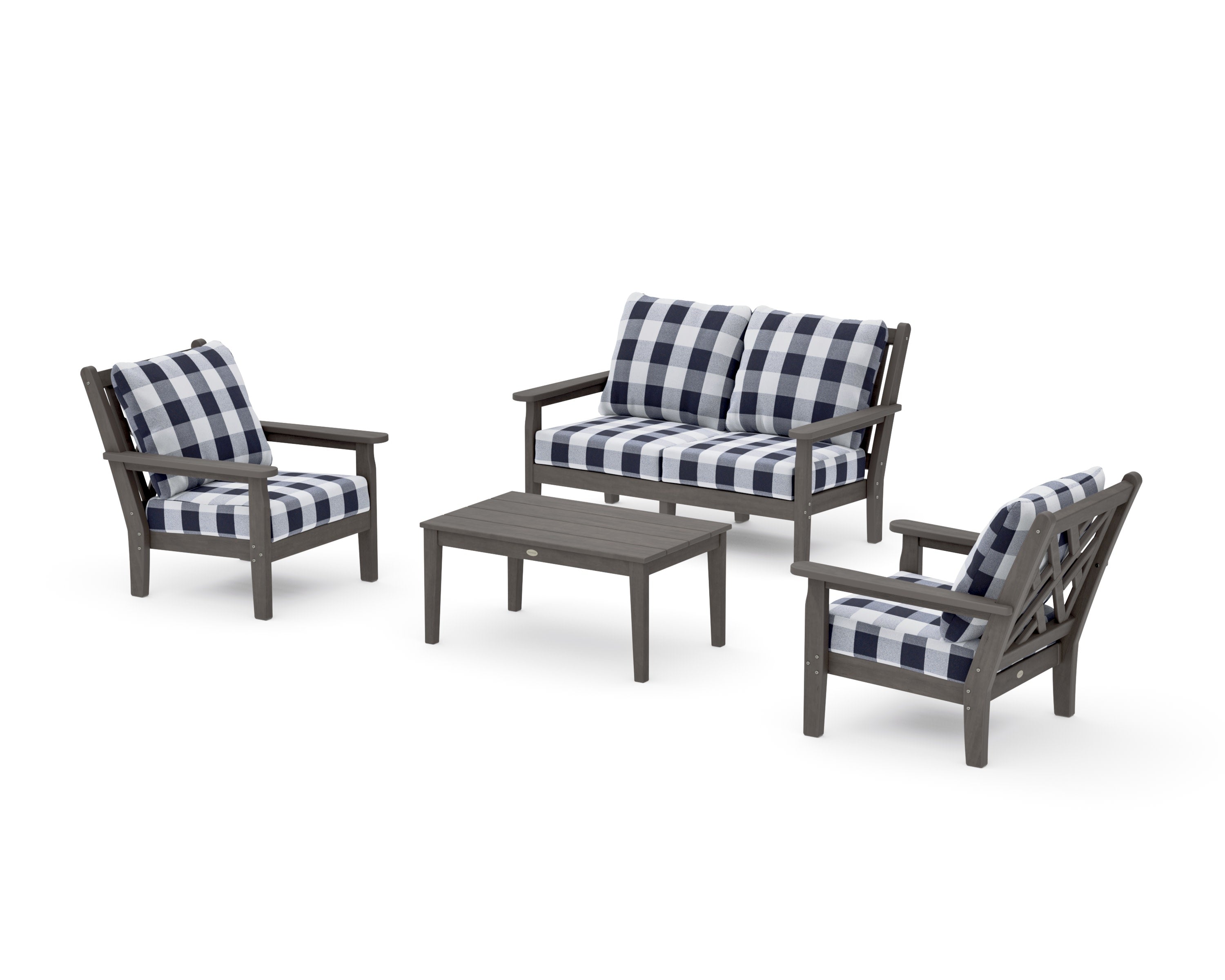 Chippendale 4-Piece Deep Seating Set with Loveseat in Driftwood / Buffalo Plaid Navy