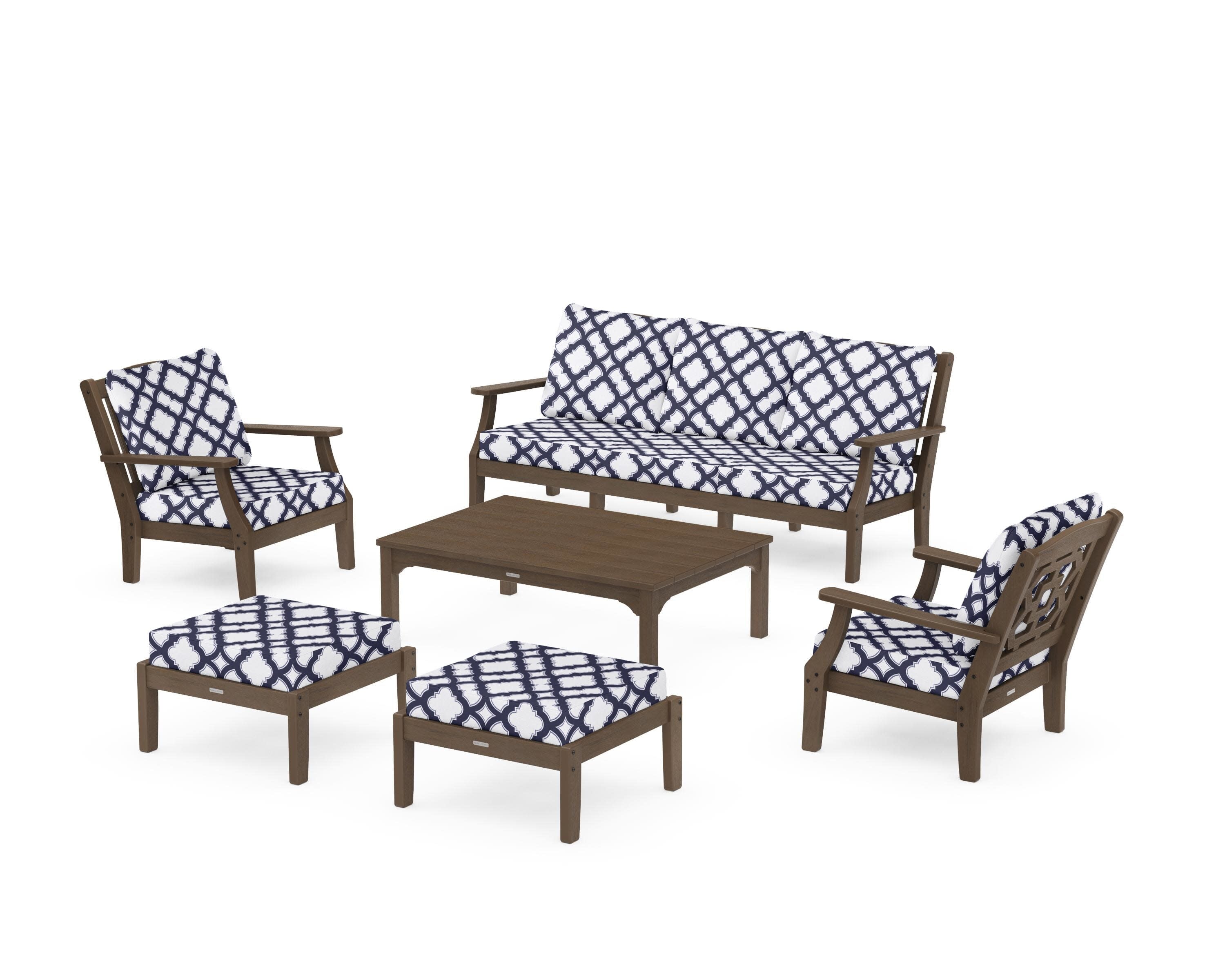 Chinoiserie 6-Piece Lounge Sofa Set in Kona / Trellis Navy