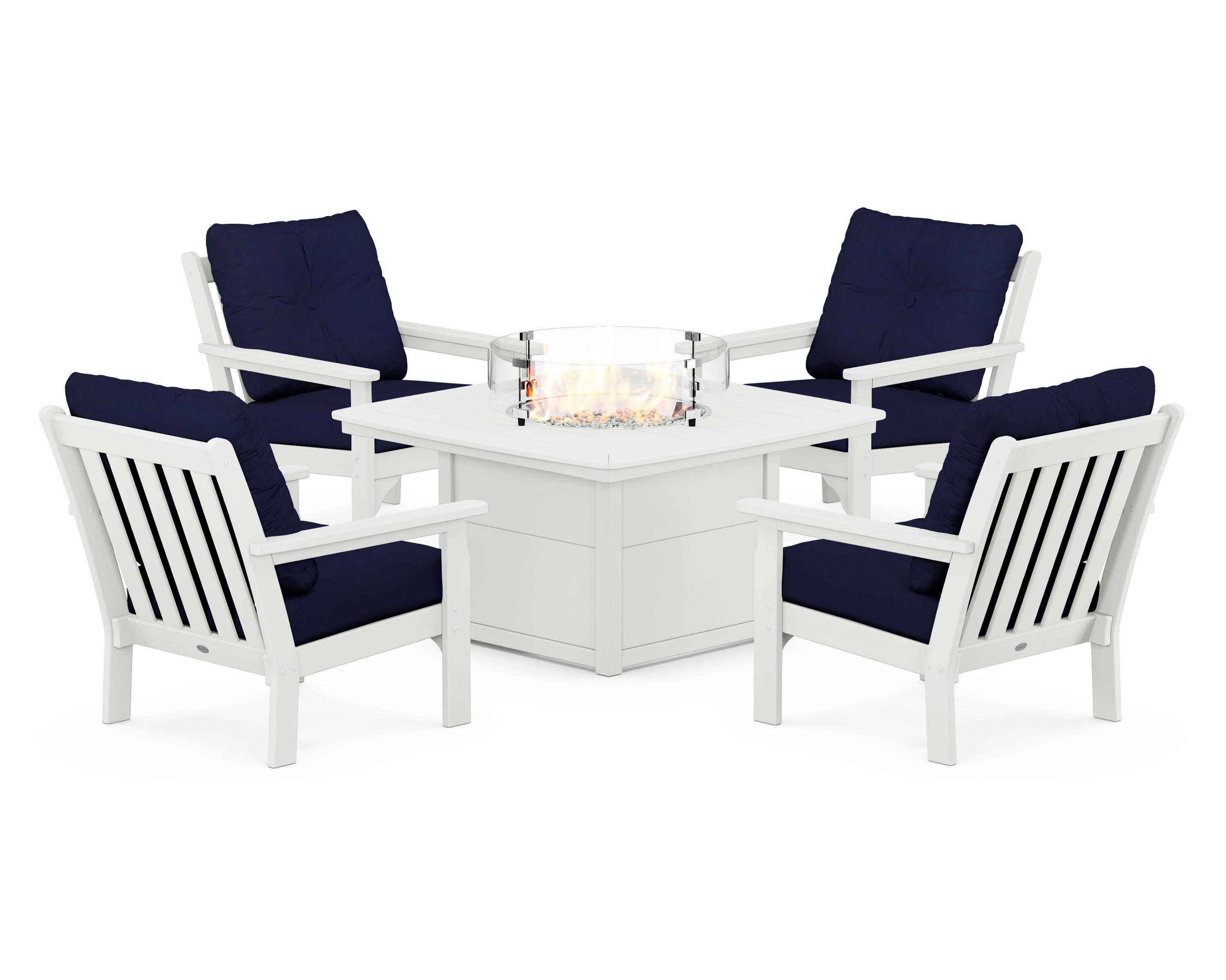 Vineyard 5-Piece Conversation Set with Fire Pit Table in Vintage White / Navy