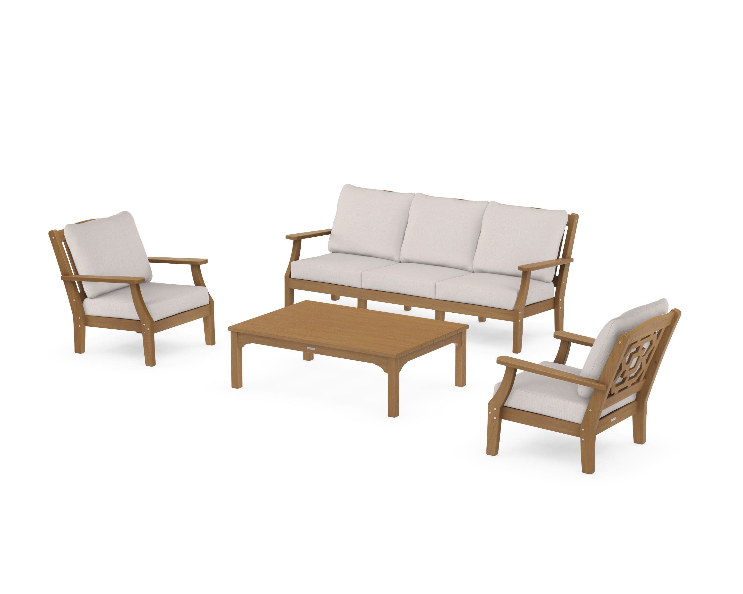 Chinoiserie 4-Piece Deep Seating Set with Sofa in Natural / Dune Burlap