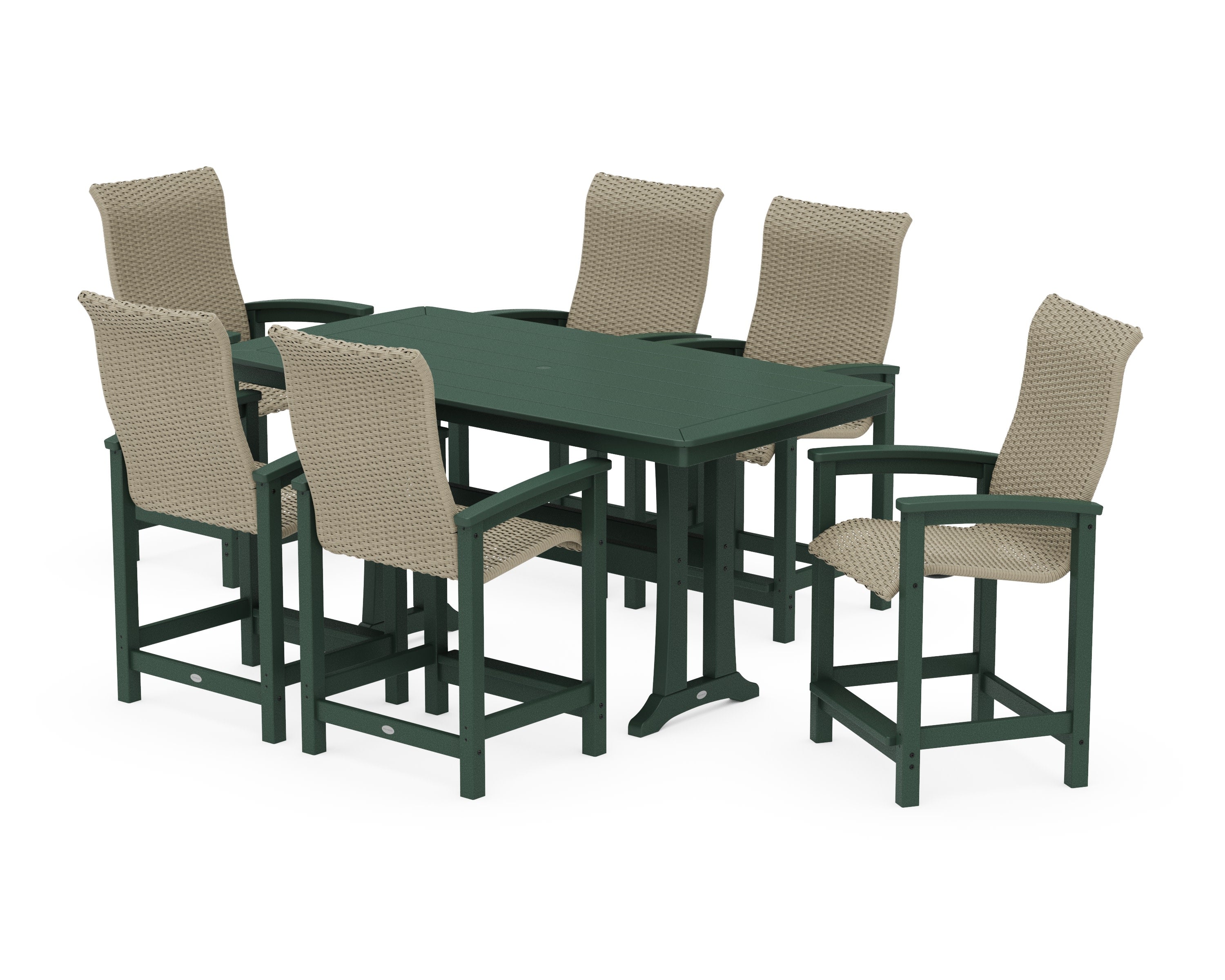 Coastal Woven High-Back Arm Chair 7-Piece Counter Set with Trestle Legs in Green / Dune Grass