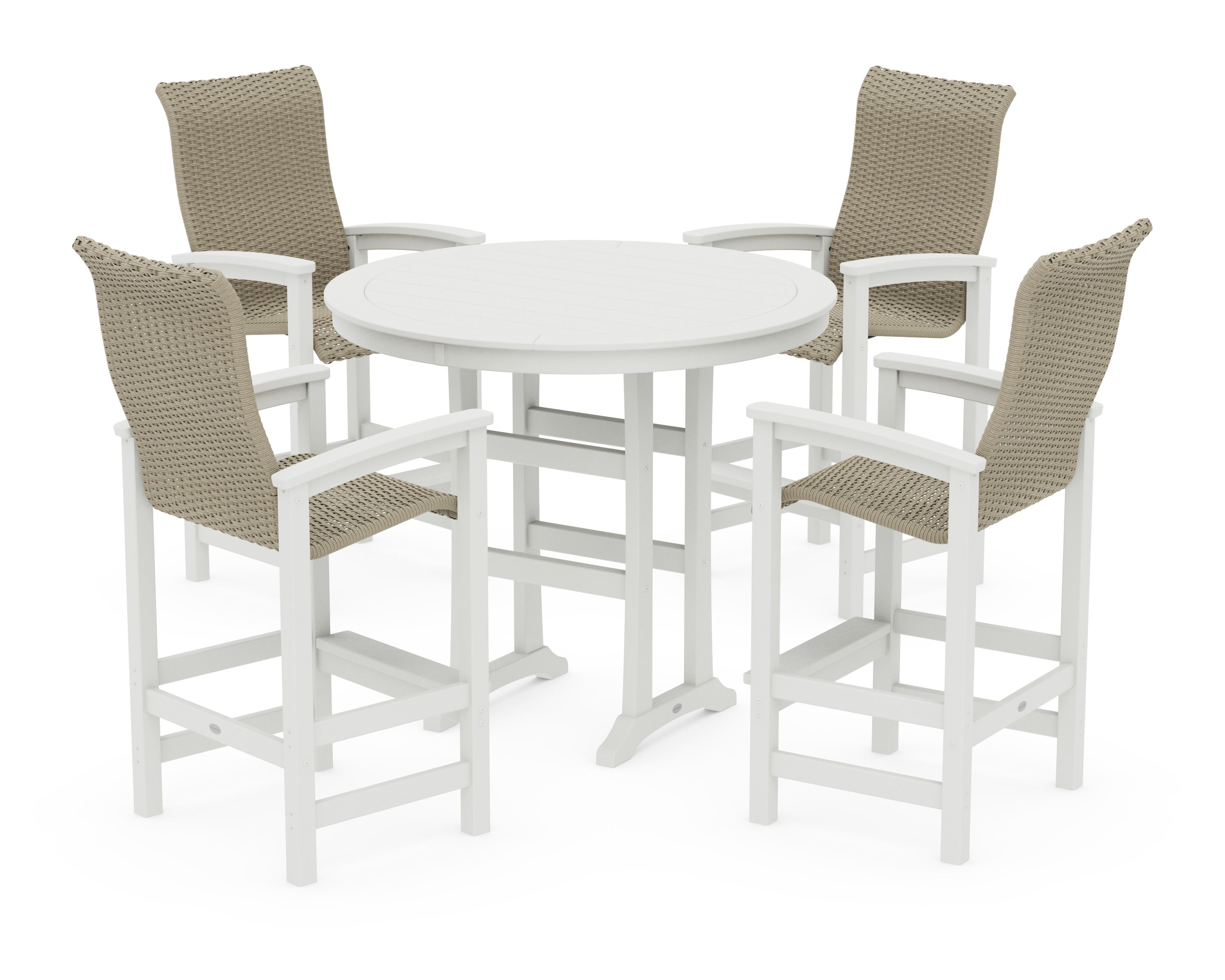Coastal Woven High-Back 5-Piece Round Bar Set in White / Dune Grass