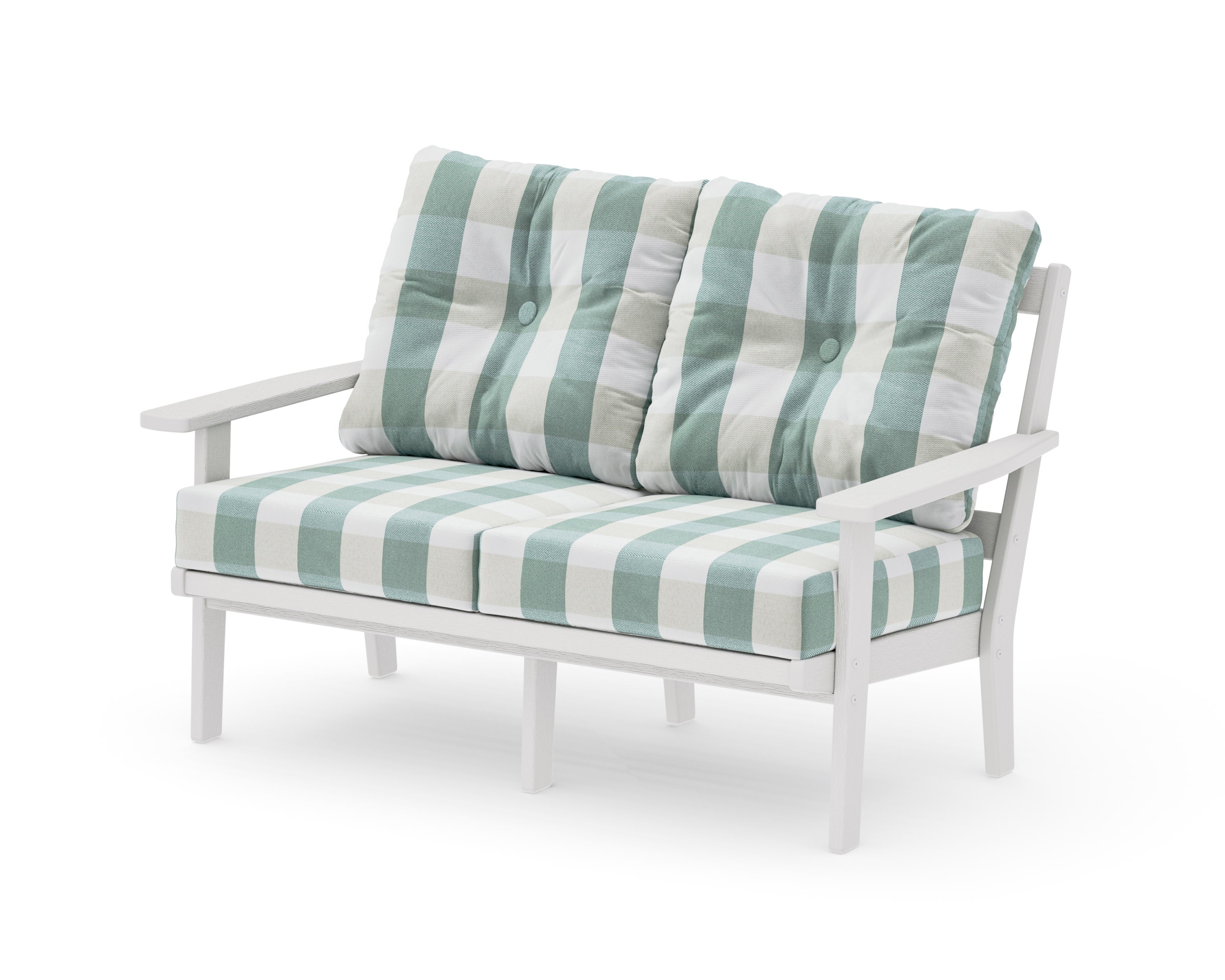 Prairie Deep SeatingLoveseat in Vintage White / Buffalo Plaid Glacier Spa