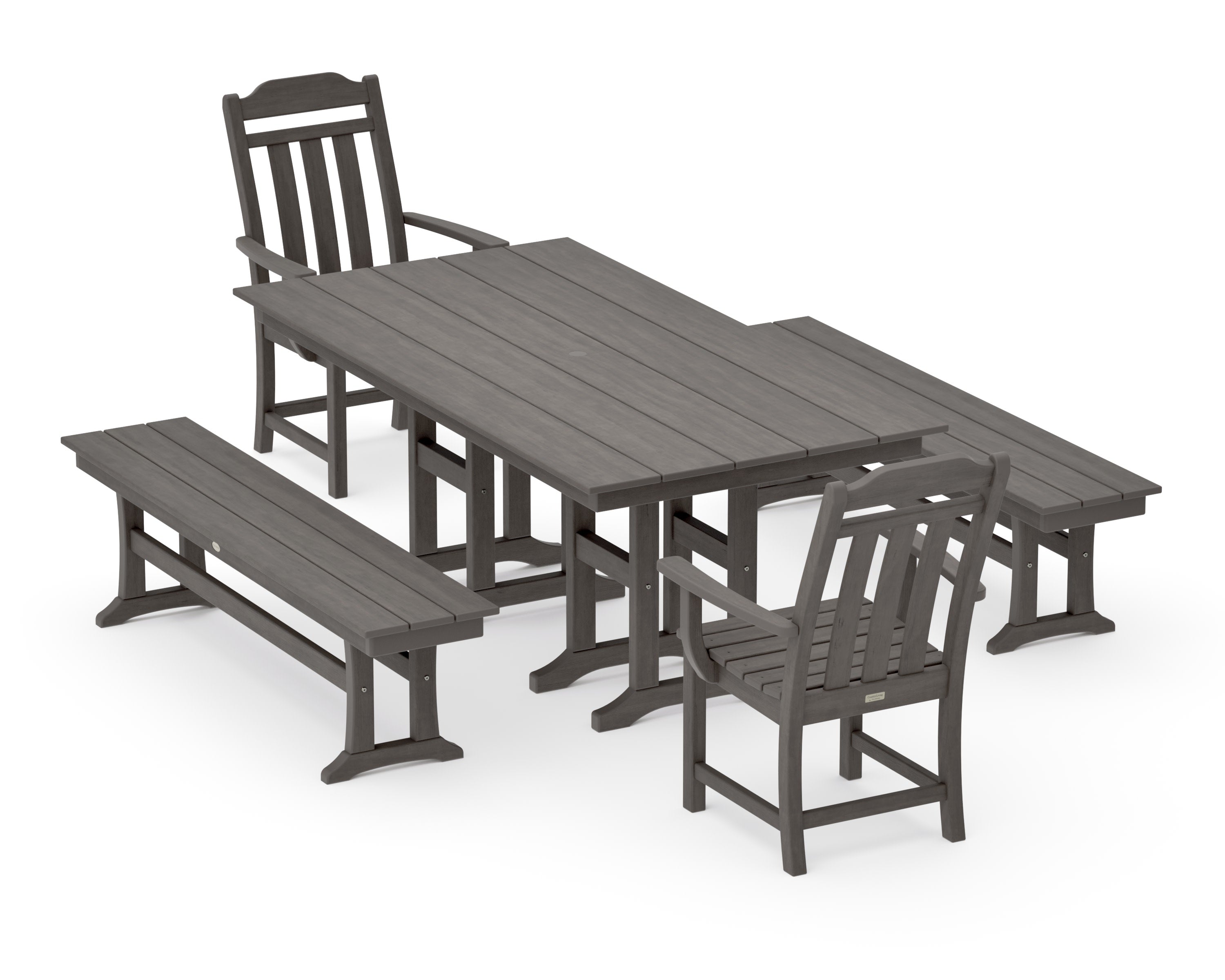 Cottage 5-Piece Farmhouse Dining Set with Benches in Driftwood
