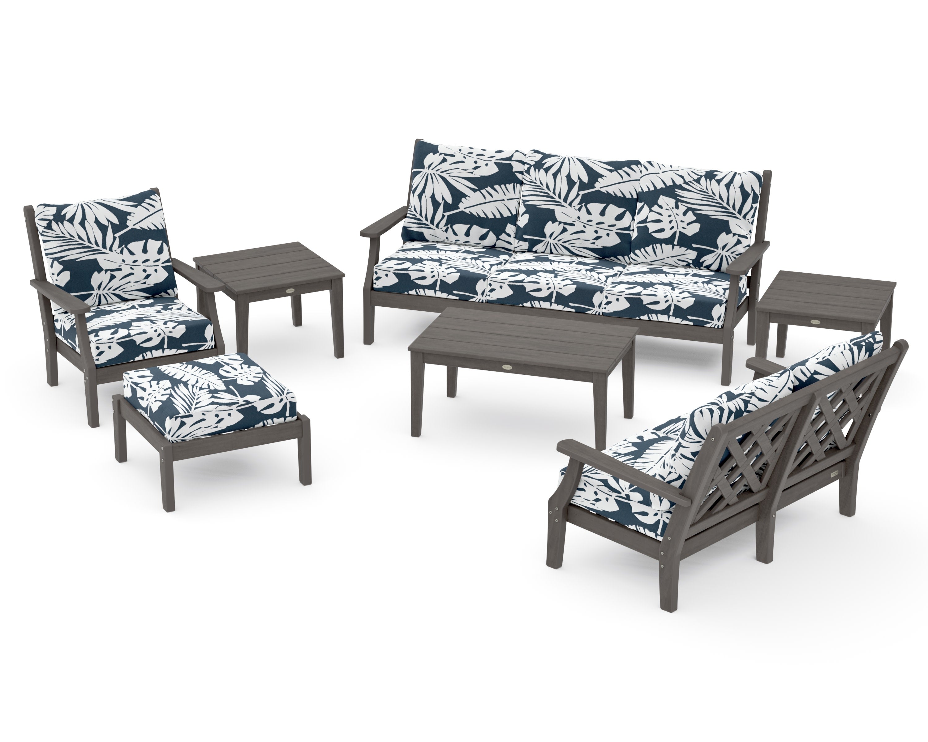 Wovendale 7-Piece Deep Seating Set in Driftwood / Leaf Marine Indigo