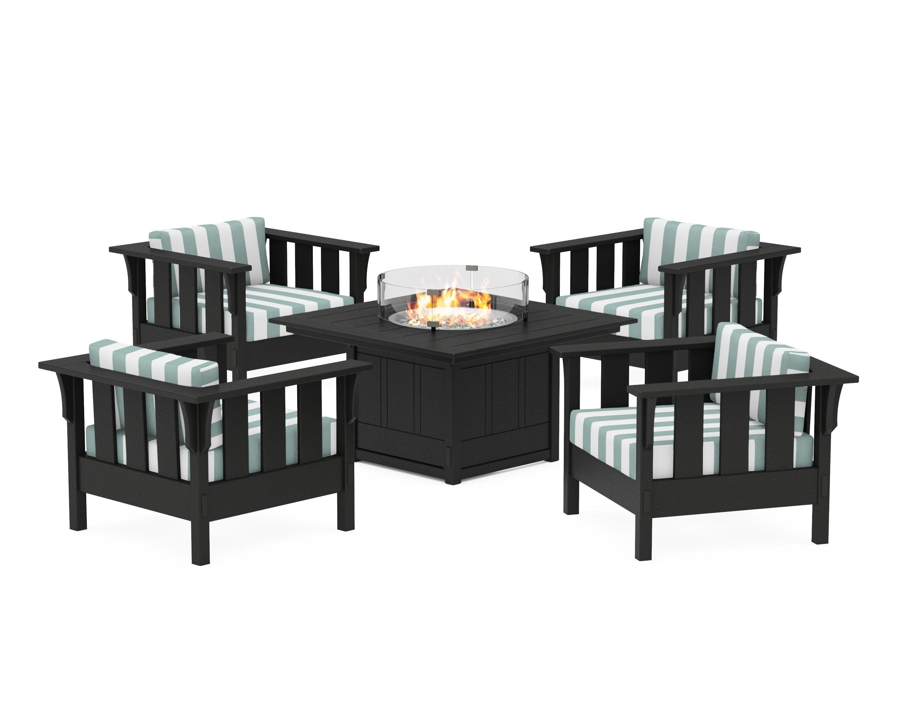 Acadia 5-Piece Deep Seating Set with Fire Pit Table in Black / Cabana Stripe Glacier Spa