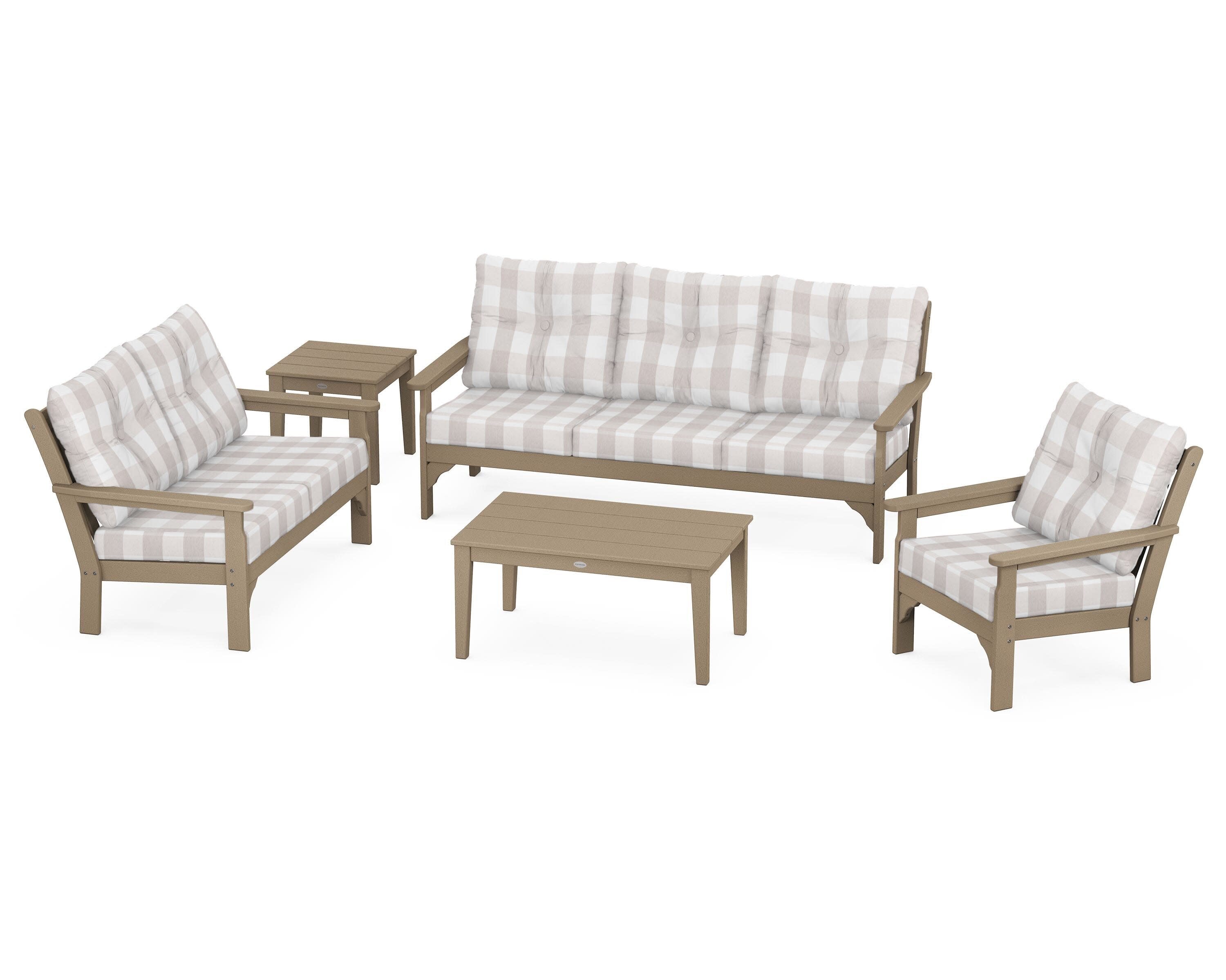 Vineyard 5 Piece Deep Seating Set in Vintage Sahara / Buffalo Plaid Dune Burlap