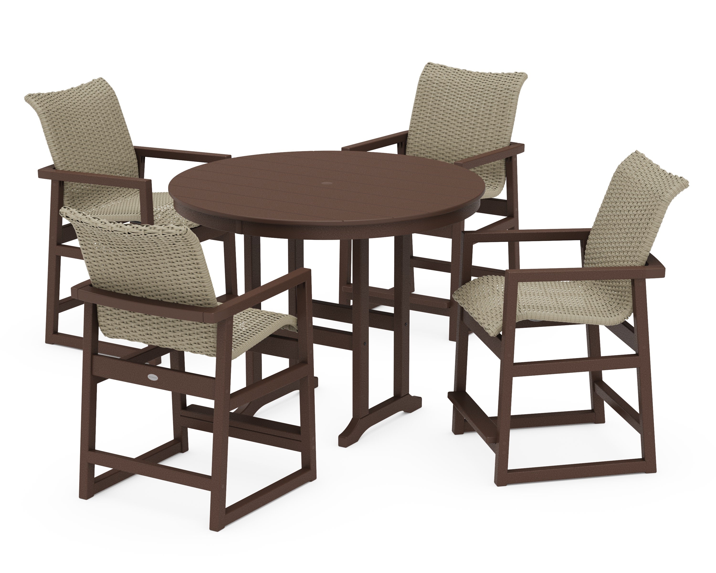 EDGE Woven 5-Piece Round Farmhouse Counter Set in Mahogany / Dune Grass