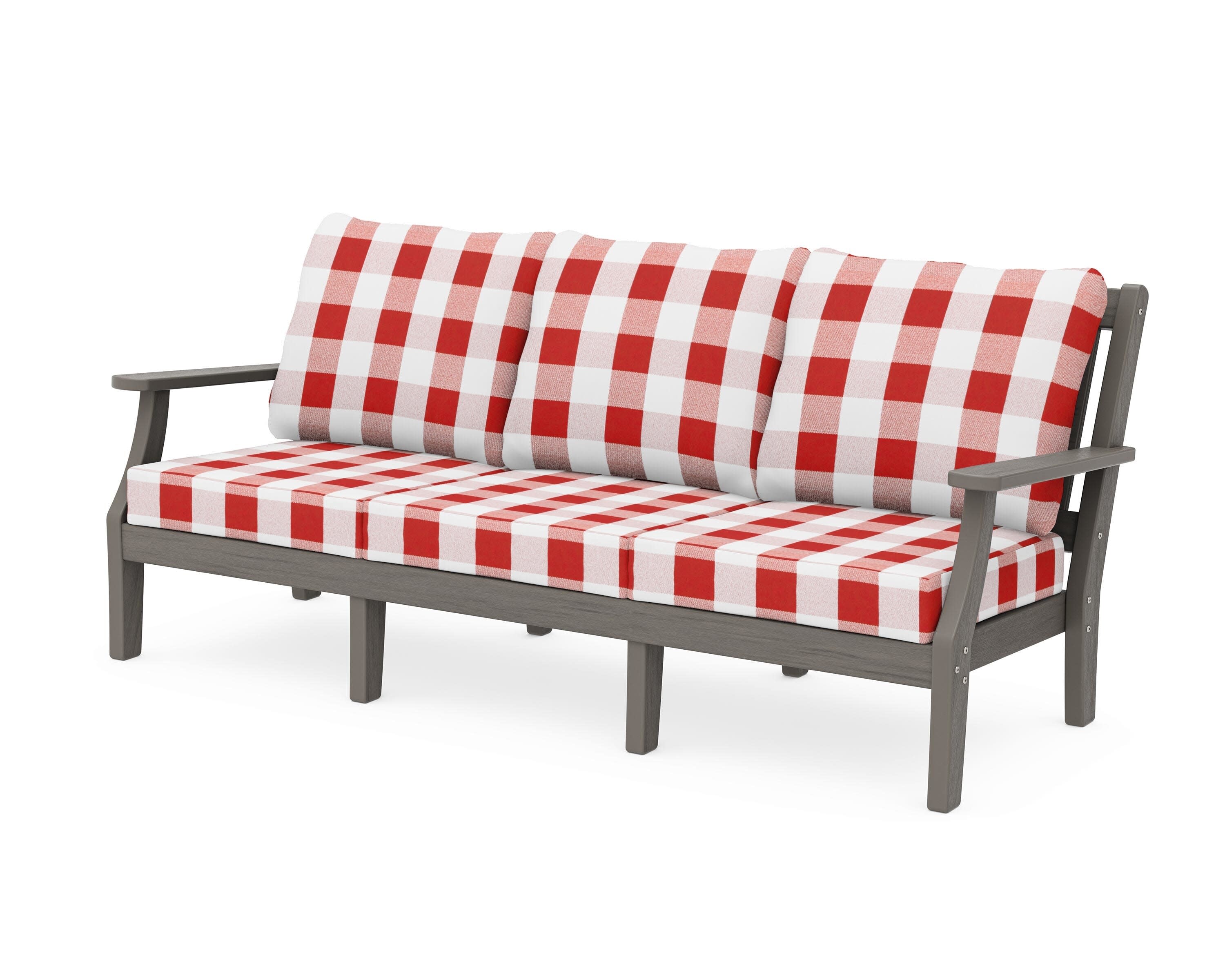 Chinoiserie Deep Seating Sofa in Driftwood / Buffalo Plaid Crimson
