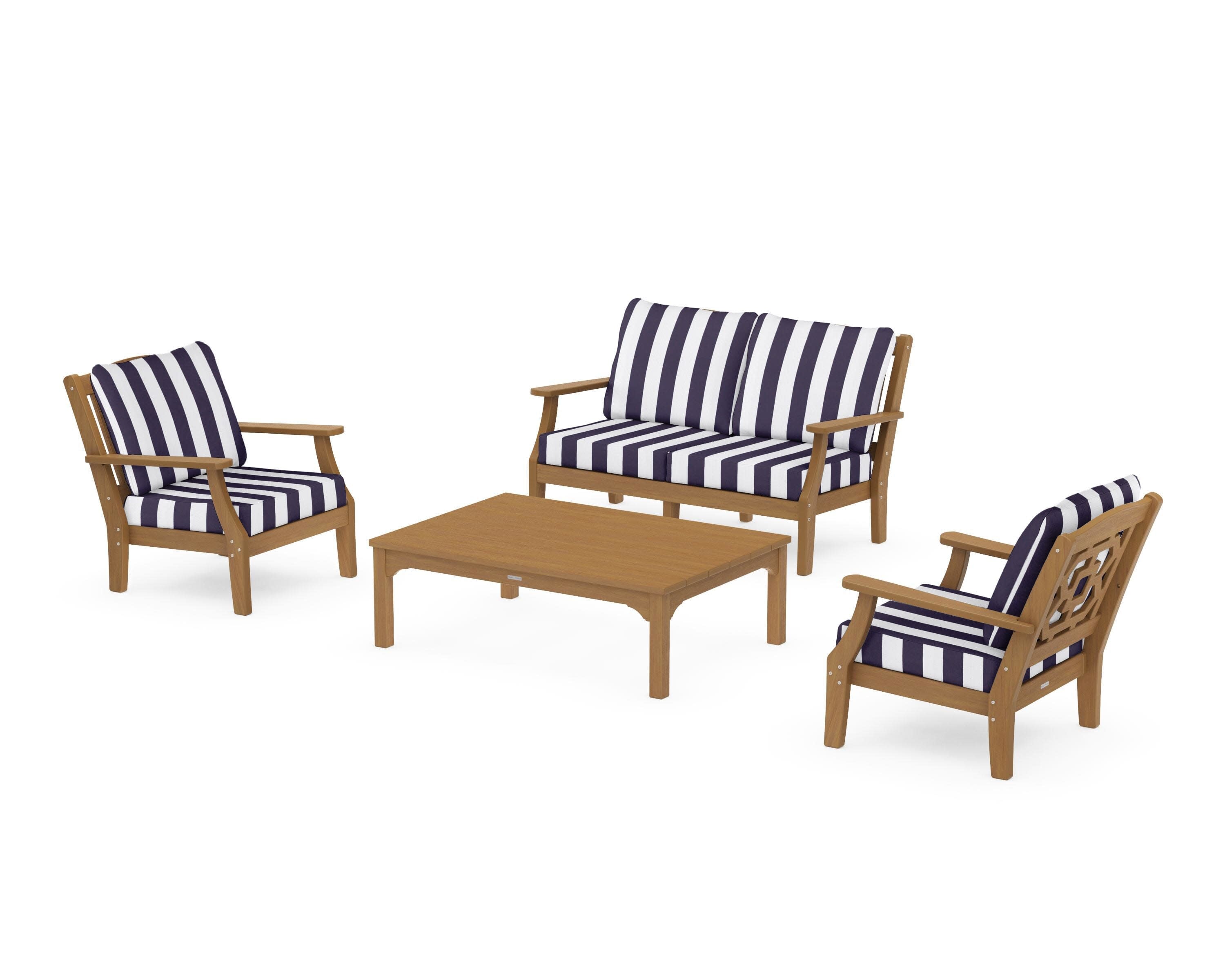 Chinoiserie 4-Piece Deep Seating Set with Loveseat in Natural / Cabana Stripe Navy
