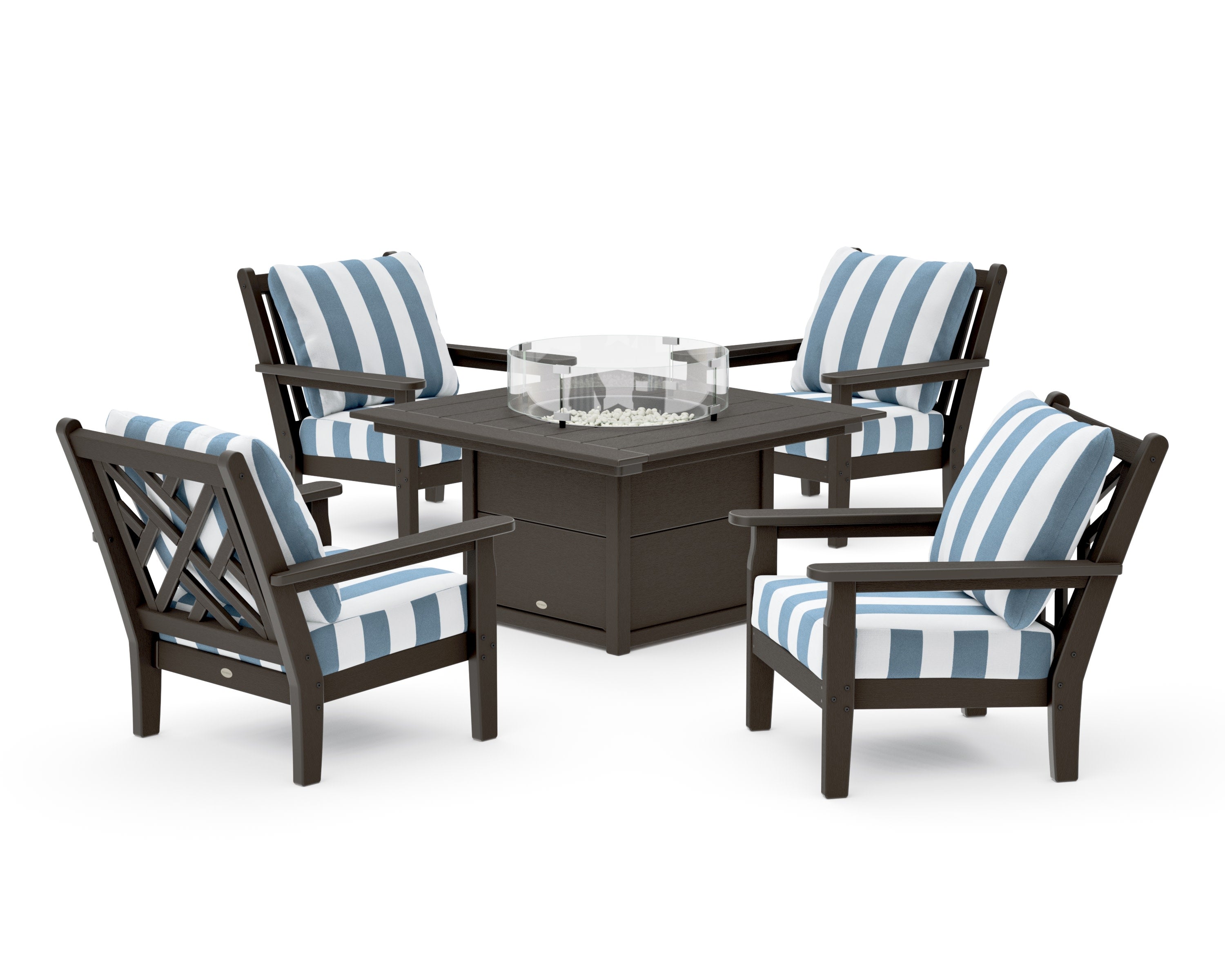 Chippendale 5-Piece Deep Seating Set with Fire Pit Table in Vintage Coffee / Cabana Stripe Sky Blue