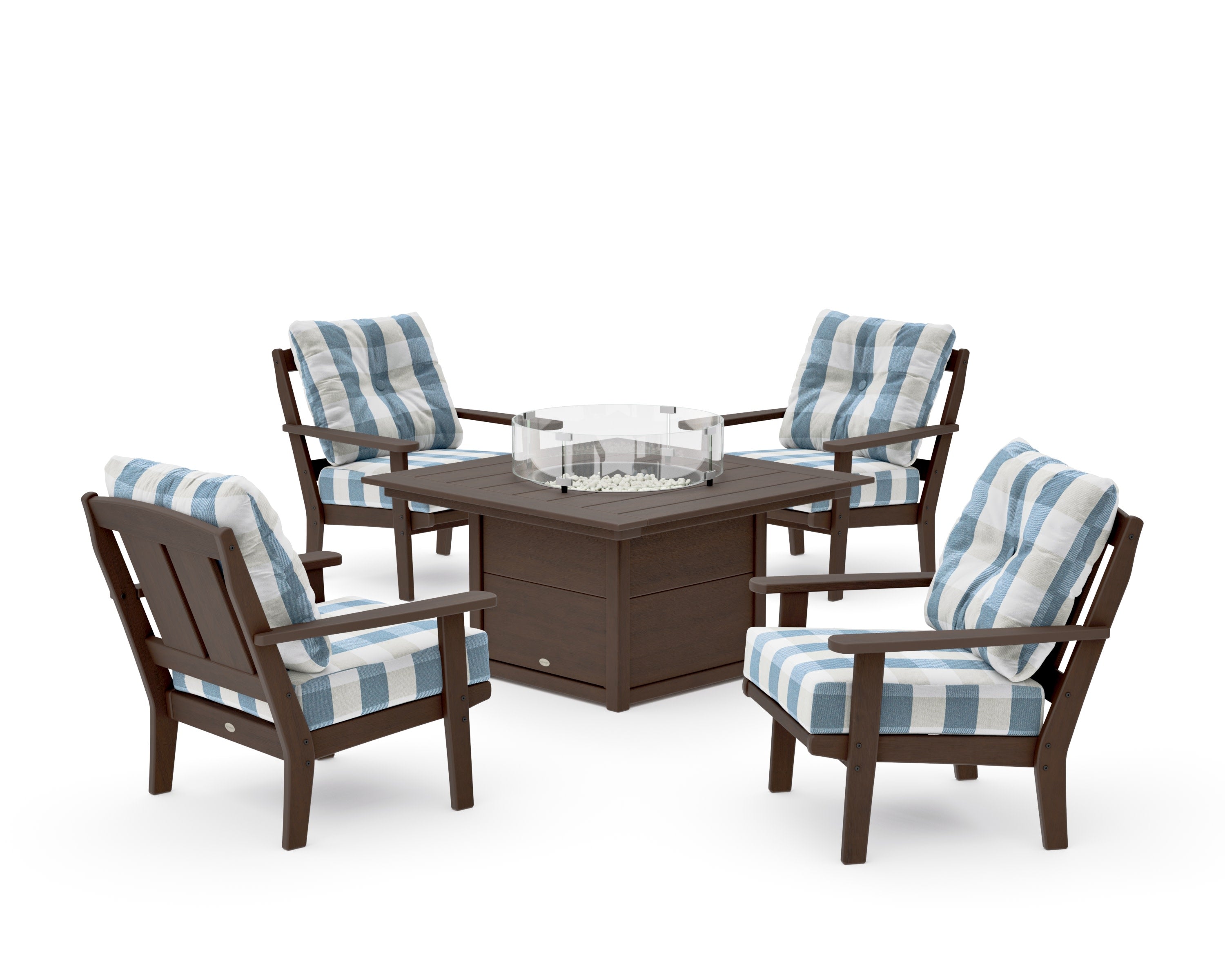 Mission 5-Piece Deep Seating Set with Fire Pit Table in Kona / Buffalo Plaid Sky Blue