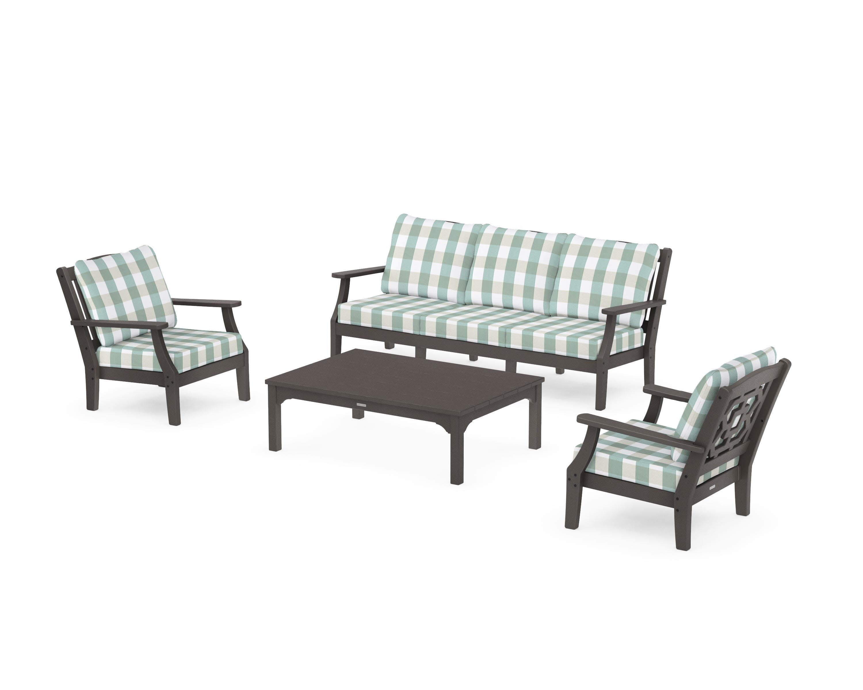 Chinoiserie 4-Piece Deep Seating Set with Sofa in Vintage Coffee / Buffalo Plaid Glacier Spa