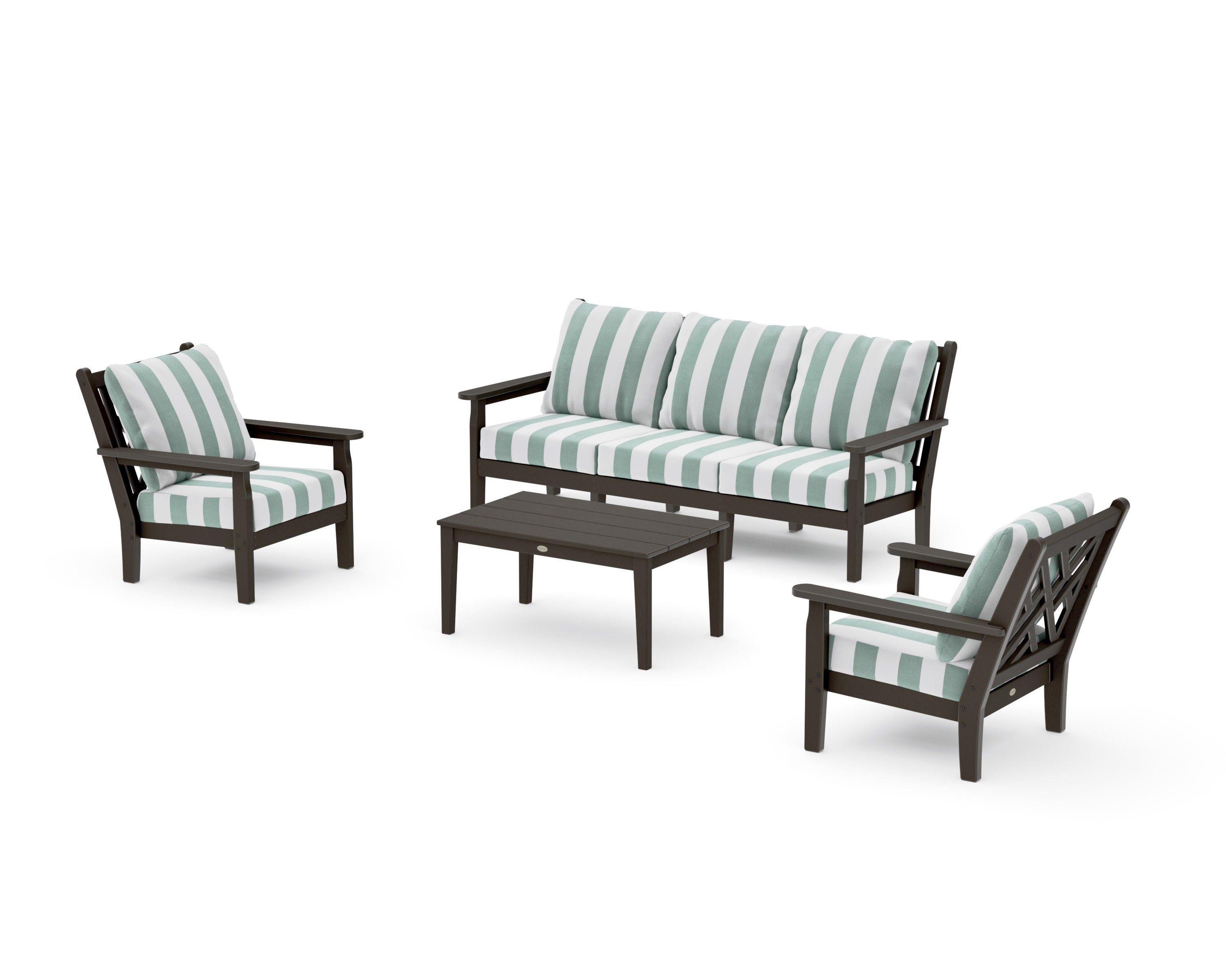Chippendale 4-Piece Deep Seating Set with Sofa in Vintage Coffee / Cabana Stripe Glacier Spa