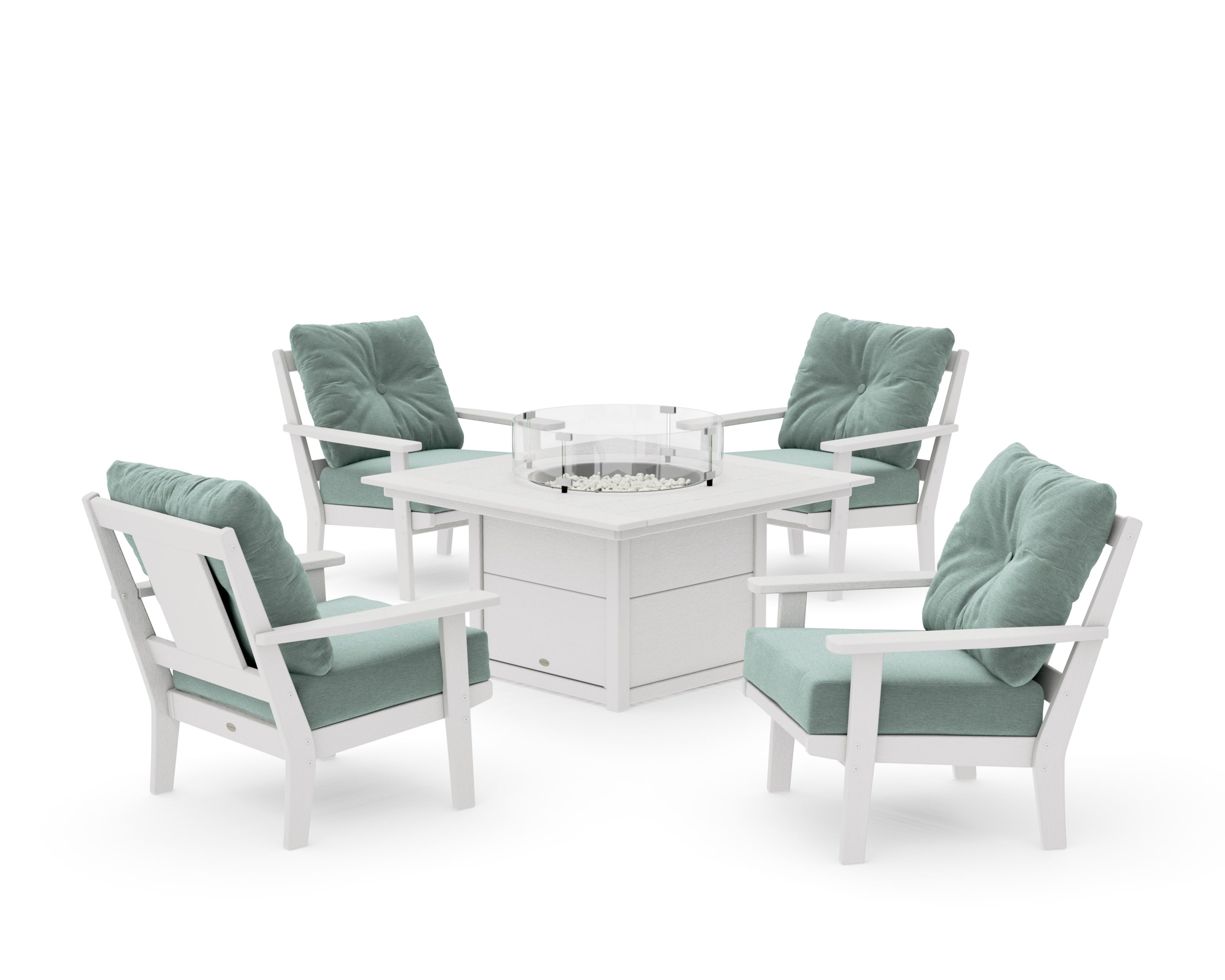 Prairie 5-Piece Deep Seating Set with Fire Pit Table in Vintage White / Glacier Spa