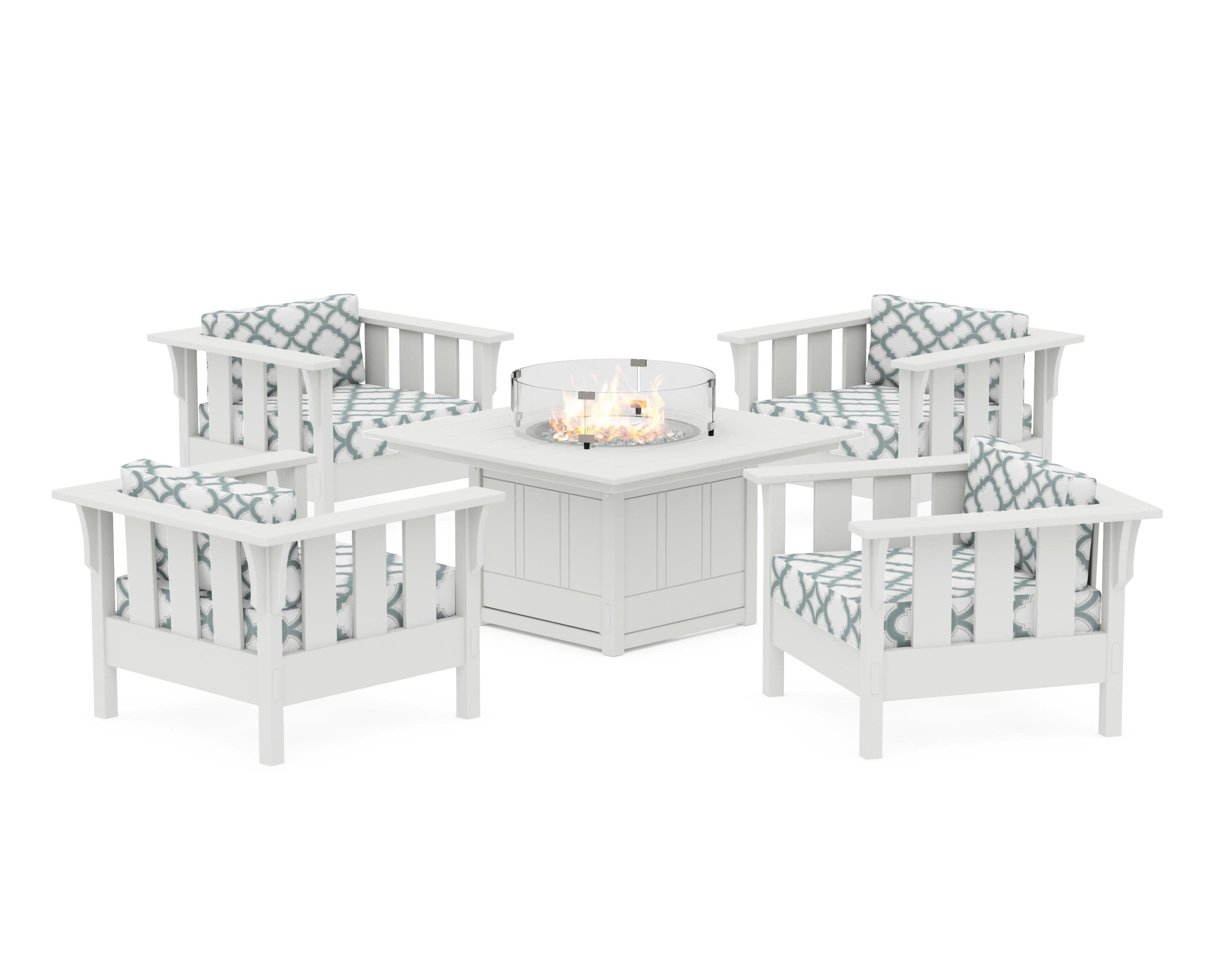 Acadia 5-Piece Deep Seating Set with Fire Pit Table in White / Trellis Glacier Spa