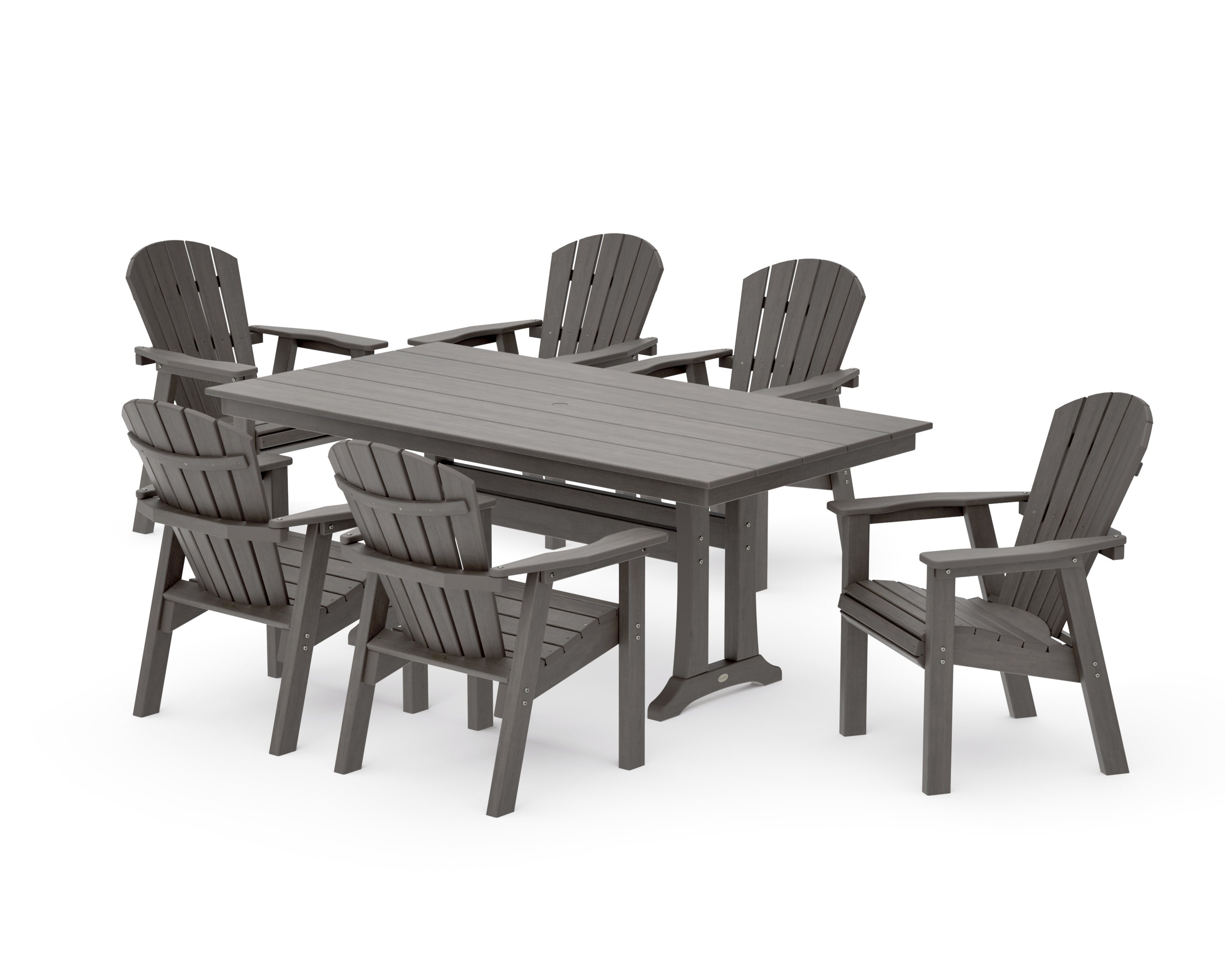 Seashell 7-Piece Farmhouse Dining Set with Trestle Legs in Driftwood
