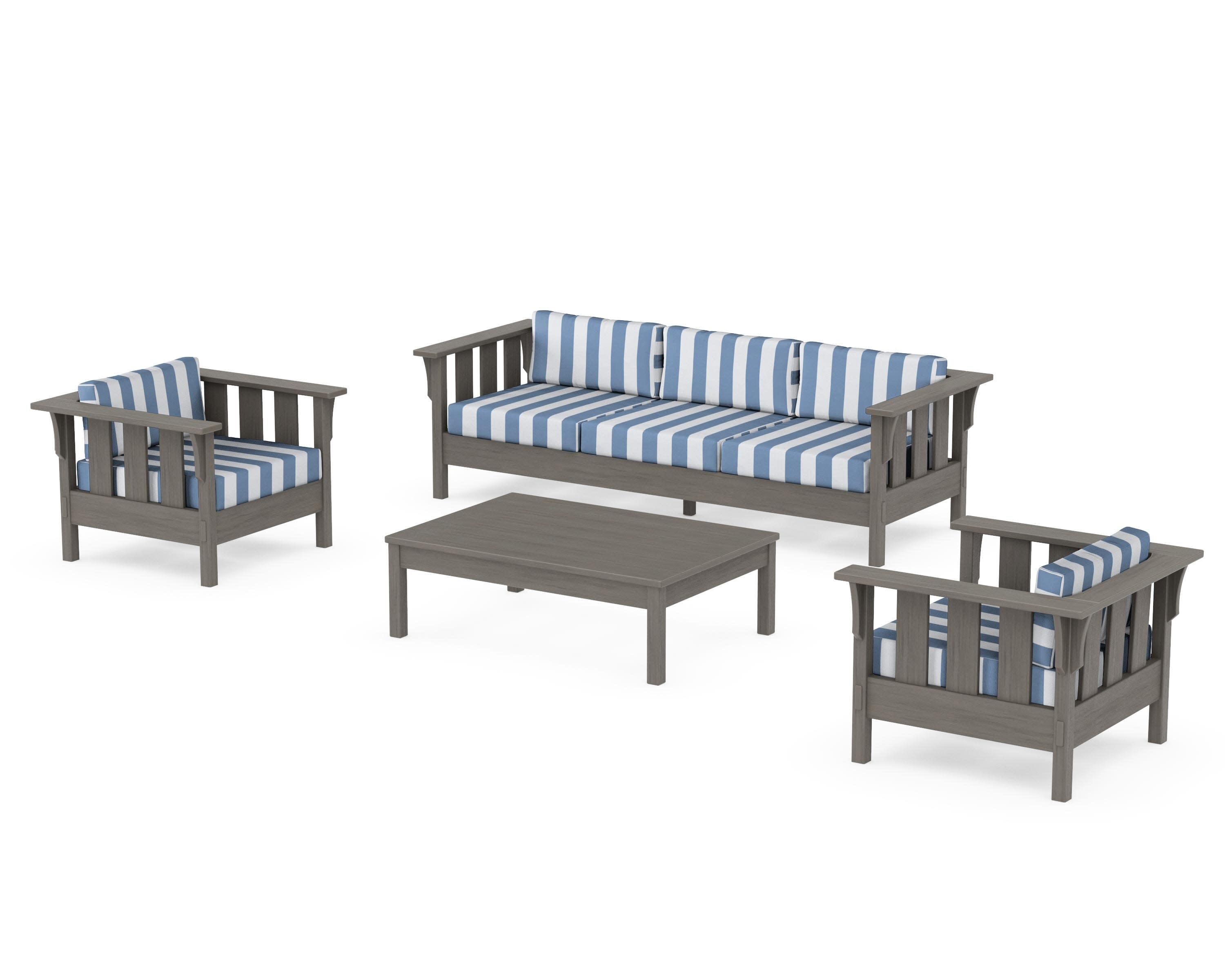 Acadia 4-Piece Deep Seating Set with Sofa in Driftwood / Cabana Stripe Sky Blue