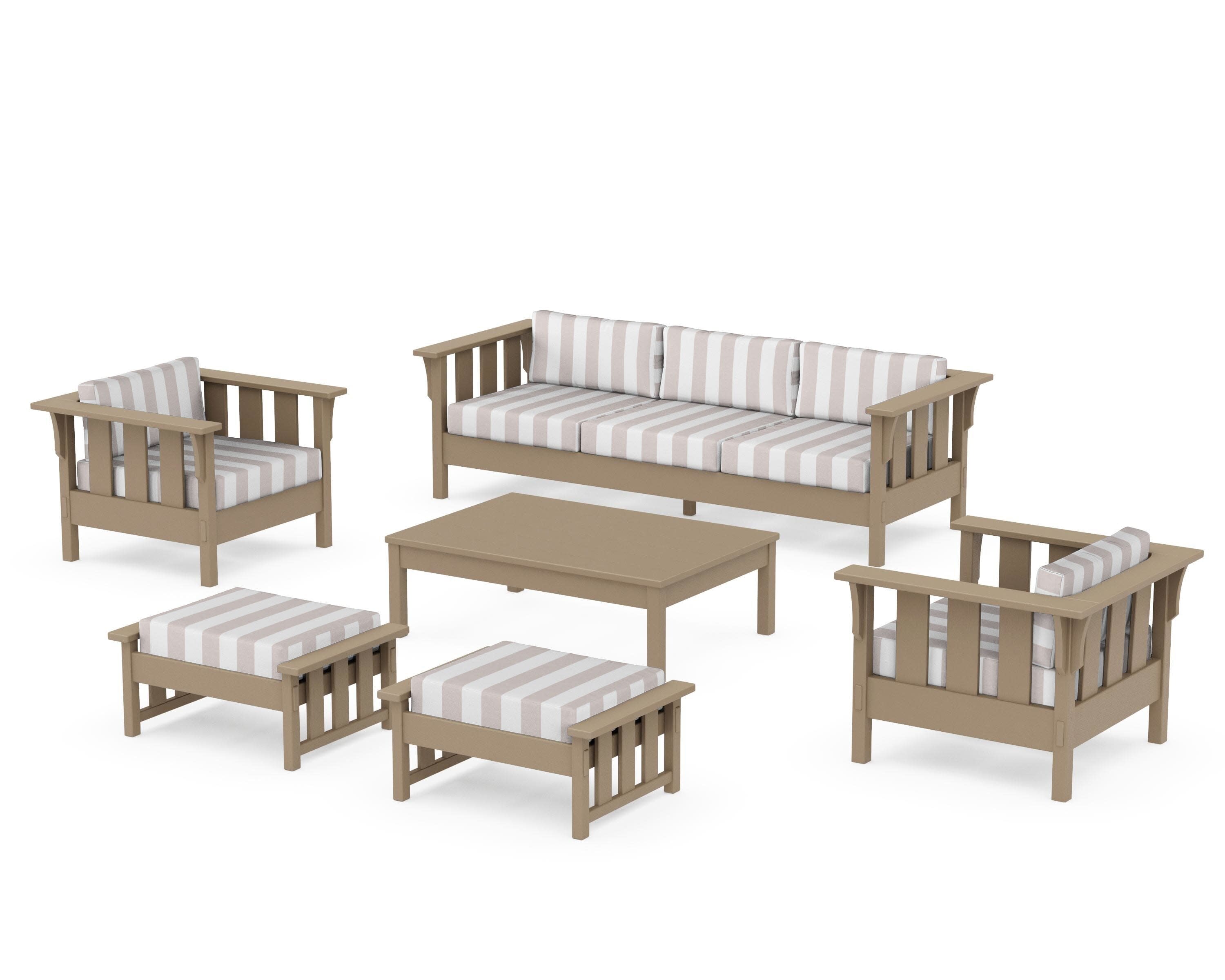 Acadia 6-Piece Lounge Sofa Set in Vintage Sahara / Cabana Stripe Dune Burlap