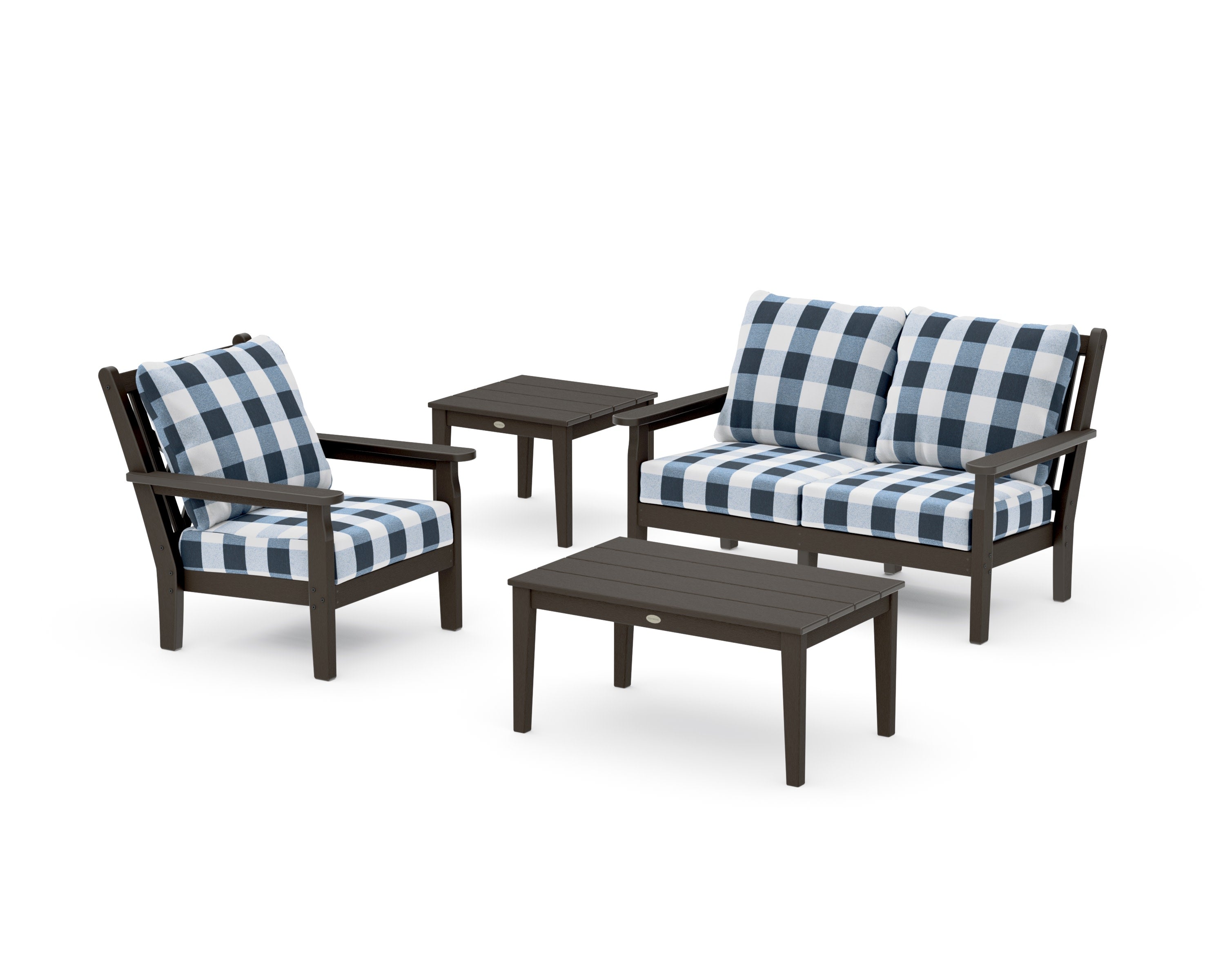 Chippendale 4-Piece Deep Seating Set in Vintage Coffee / Buffalo Plaid Marine Indigo