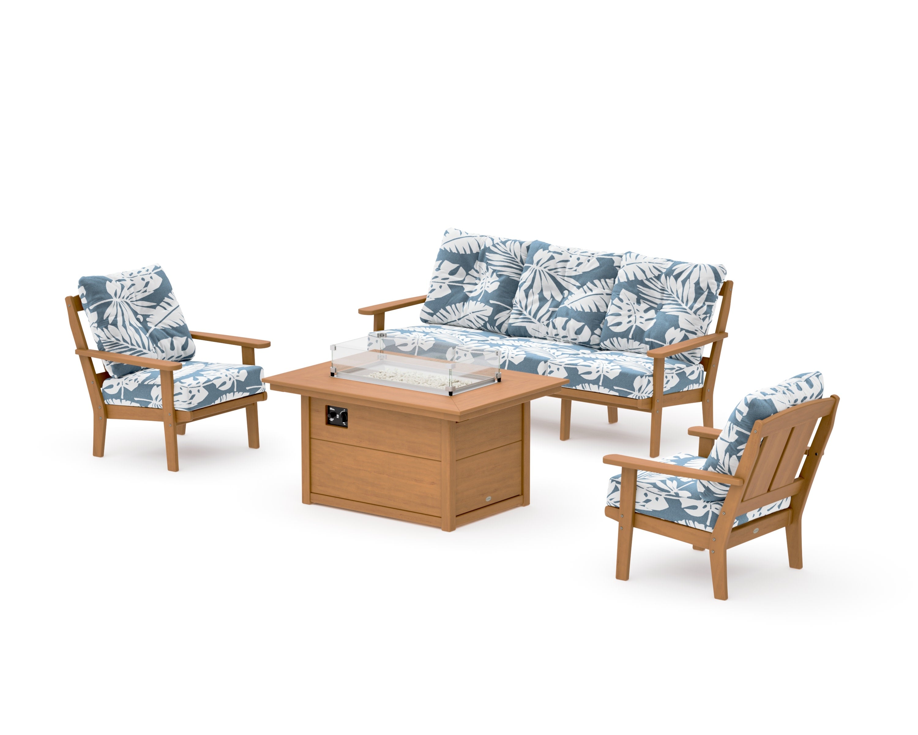 Mission Deep Seating Fire Pit Table Set in Natural / Leaf Sky Blue