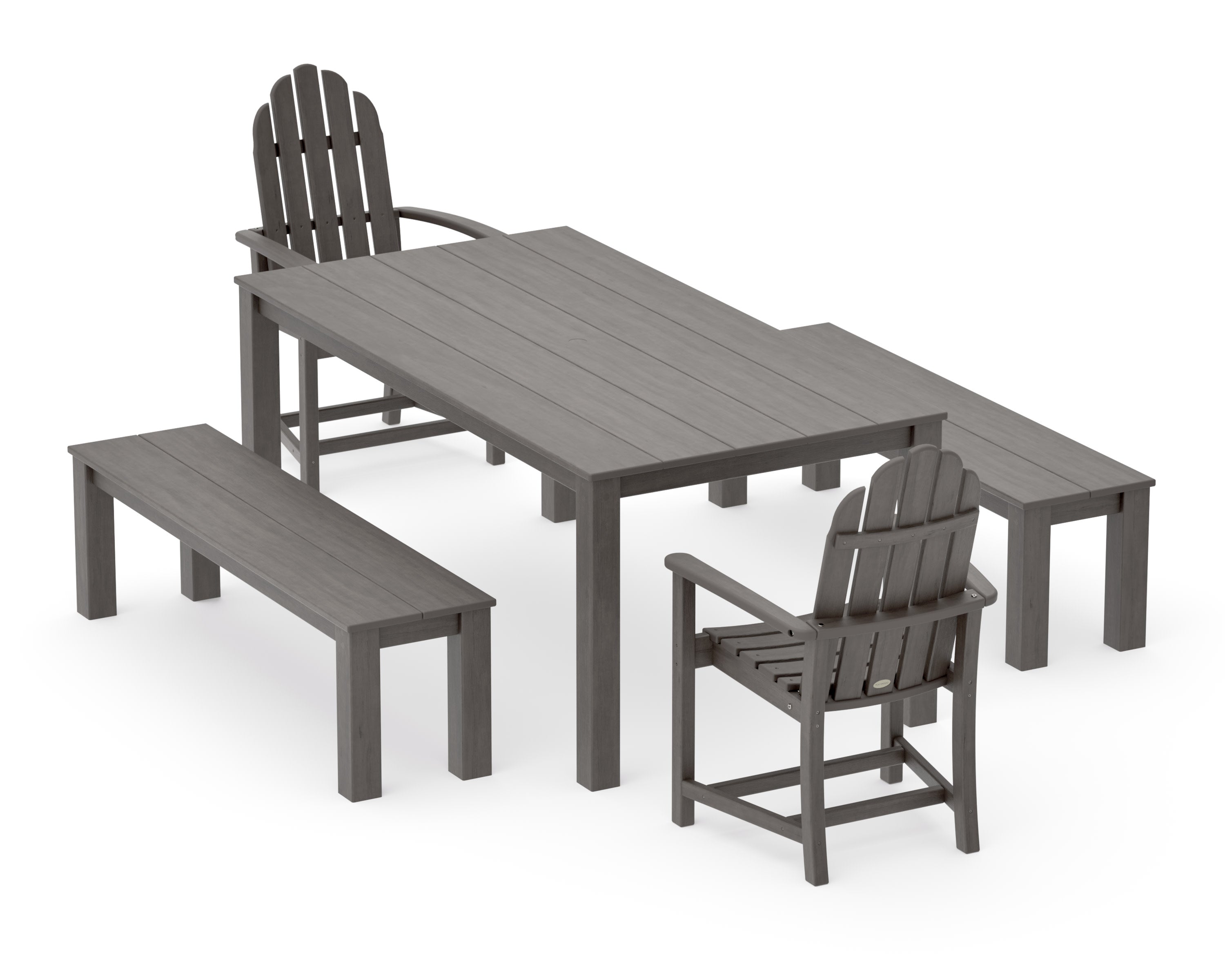 Classic Adirondack 5-Piece Parsons Dining Set with Benches in Driftwood