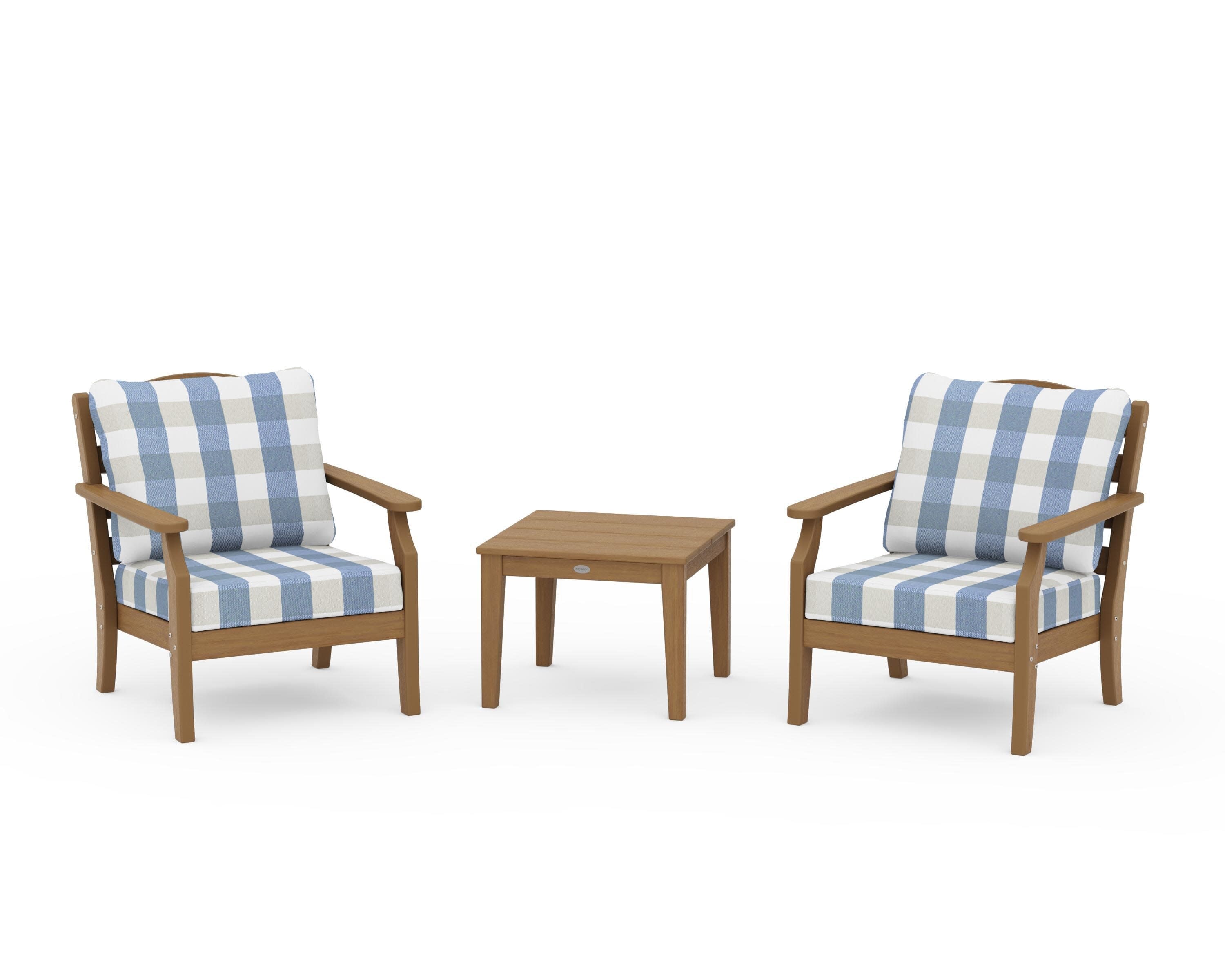 Savannah 3-Piece Deep Seating Set in Natural / Buffalo Plaid Sky Blue