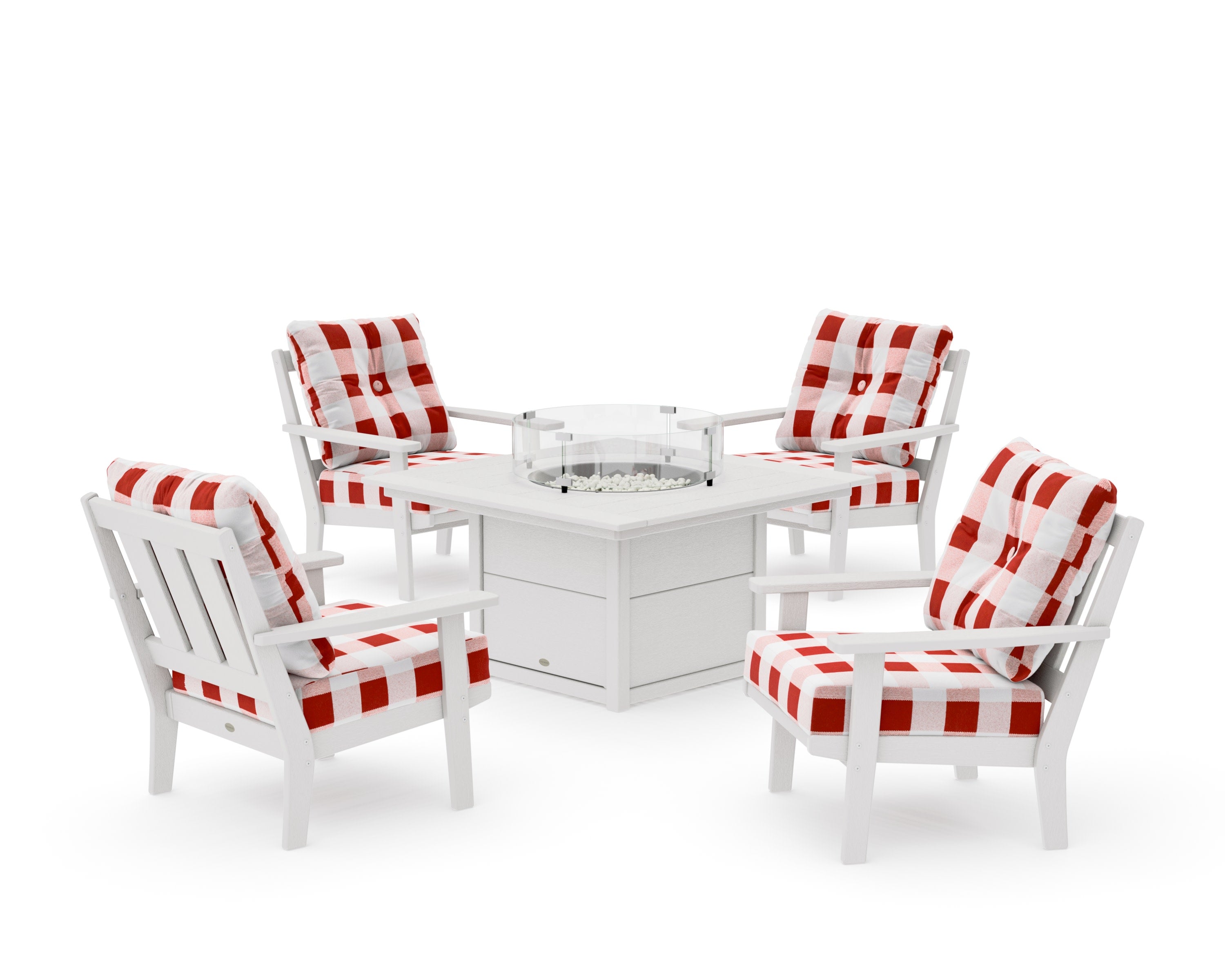 Oxford 5-Piece Deep Seating Set with Fire Pit Table in Vintage White / Buffalo Plaid Crimson