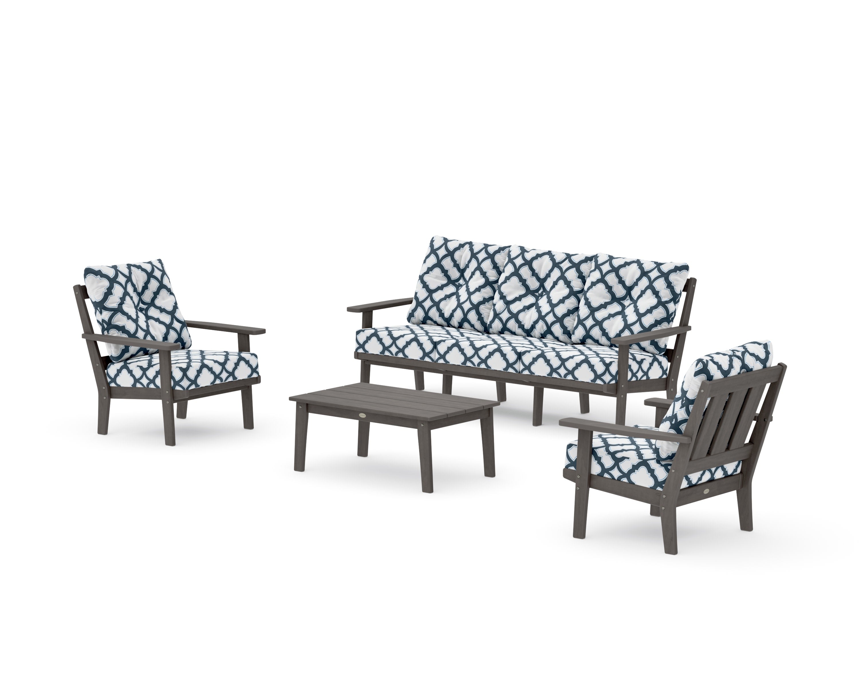Oxford 4-Piece Deep Seating Set with Sofa in Driftwood / Trellis Marine Indigo