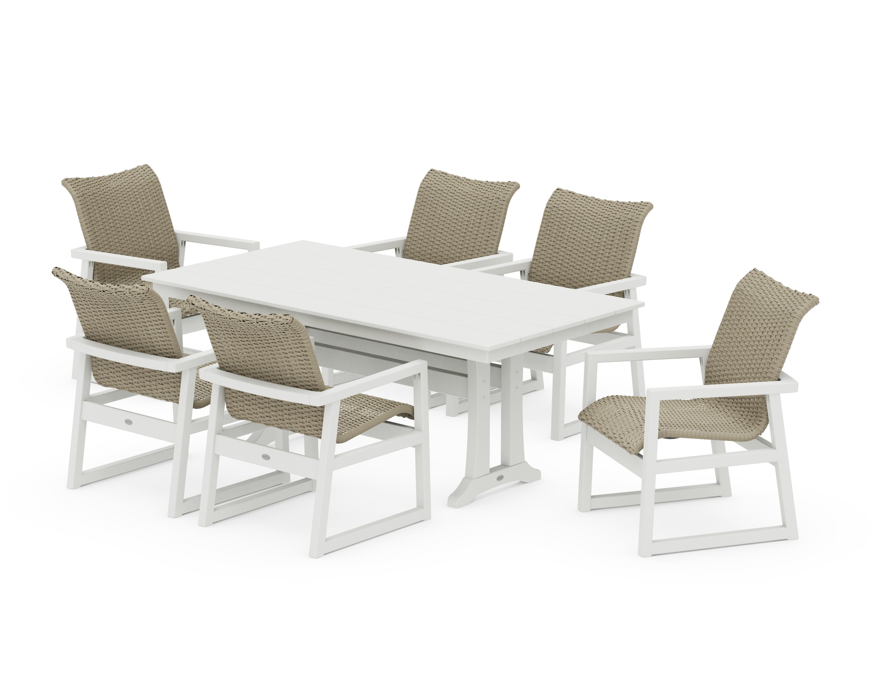 EDGE Woven Arm Chair 7-Piece Farmhouse Dining Set with Trestle Legs in Vintage White / Dune Grass
