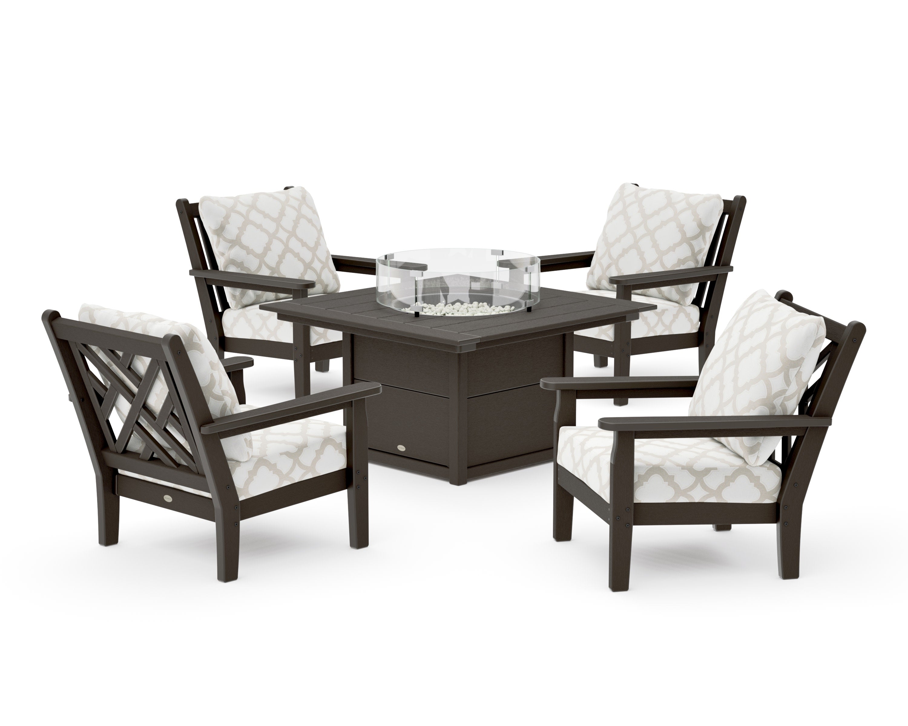 Chippendale 5-Piece Deep Seating Set with Fire Pit Table in Vintage Coffee / Trellis Dune Burlap