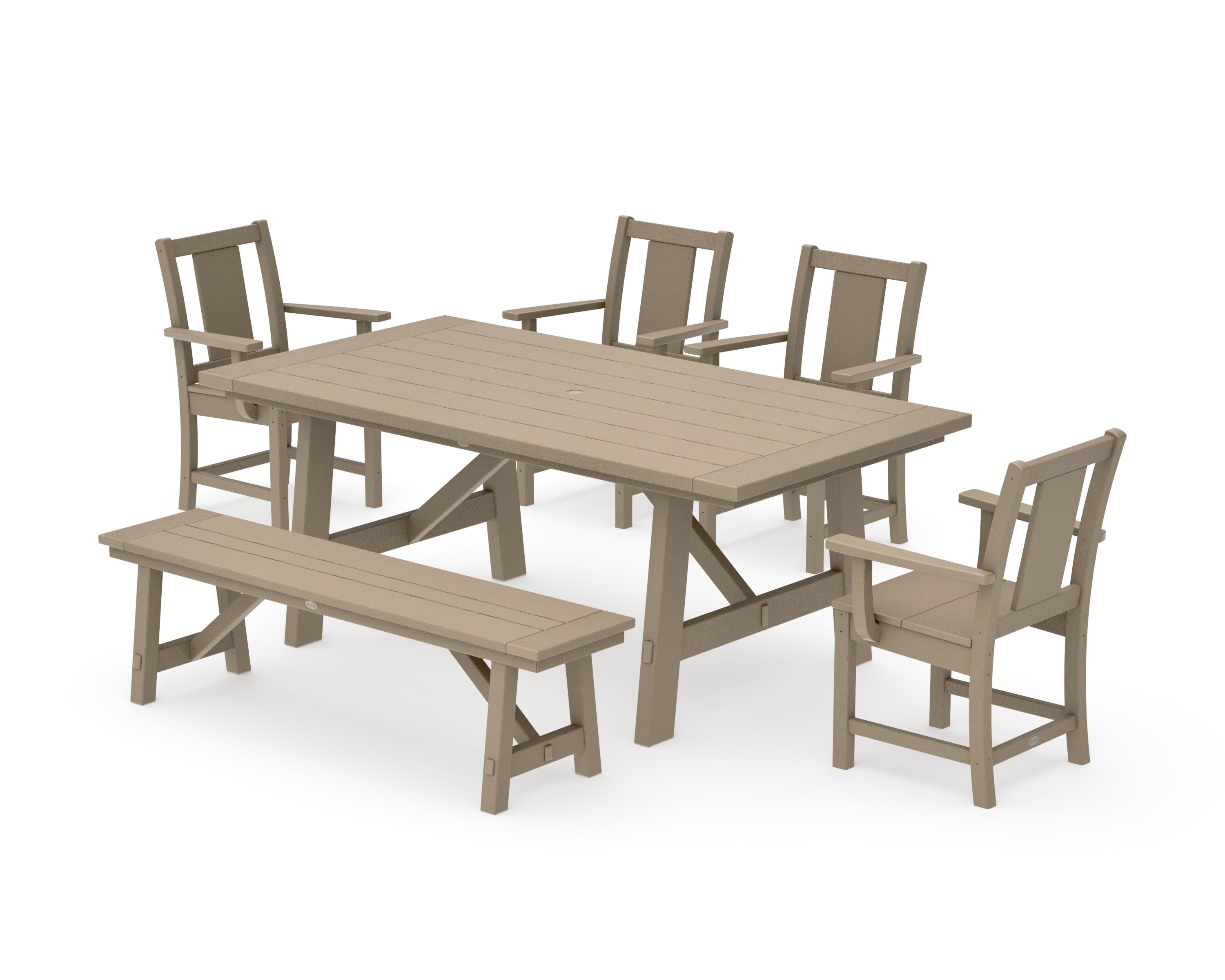 Prairie 6-Piece Rustic Farmhouse Dining Set with Bench in Vintage Sahara