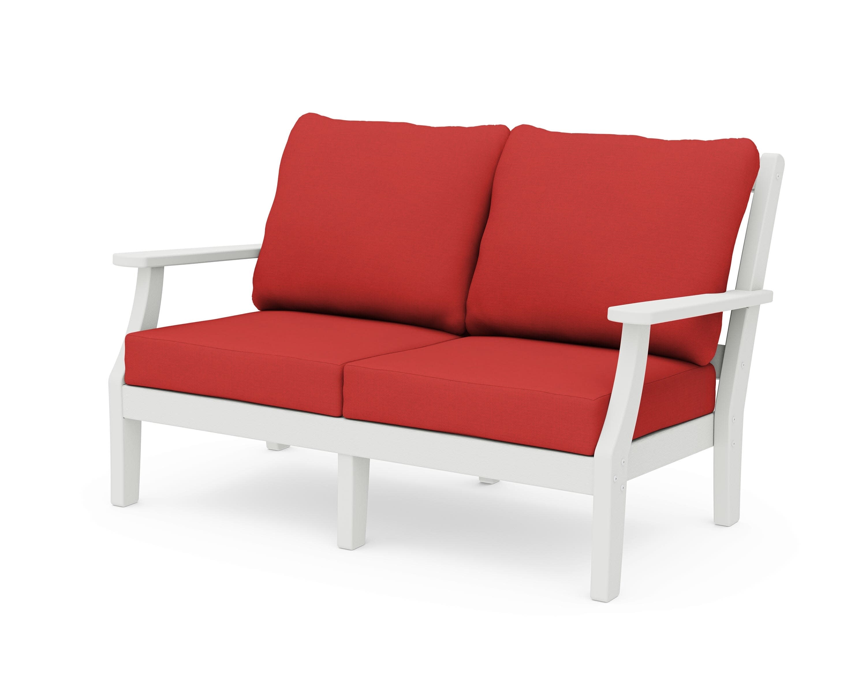 Chinoiserie Deep Seating Loveseat in Vintage White / Crimson Linen