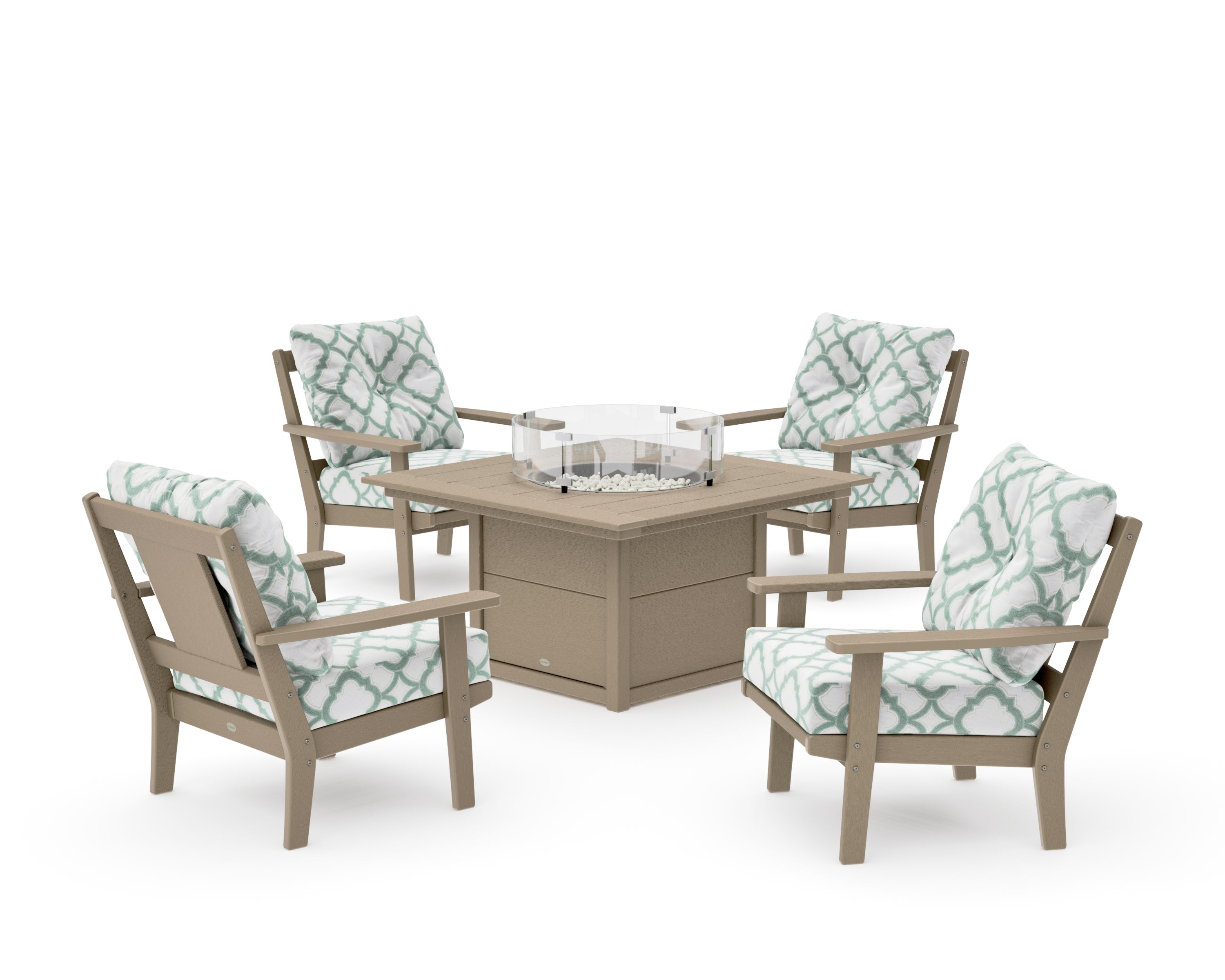 Prairie 5-Piece Deep Seating Set with Fire Pit Table in Vintage Sahara / Trellis Glacier Spa