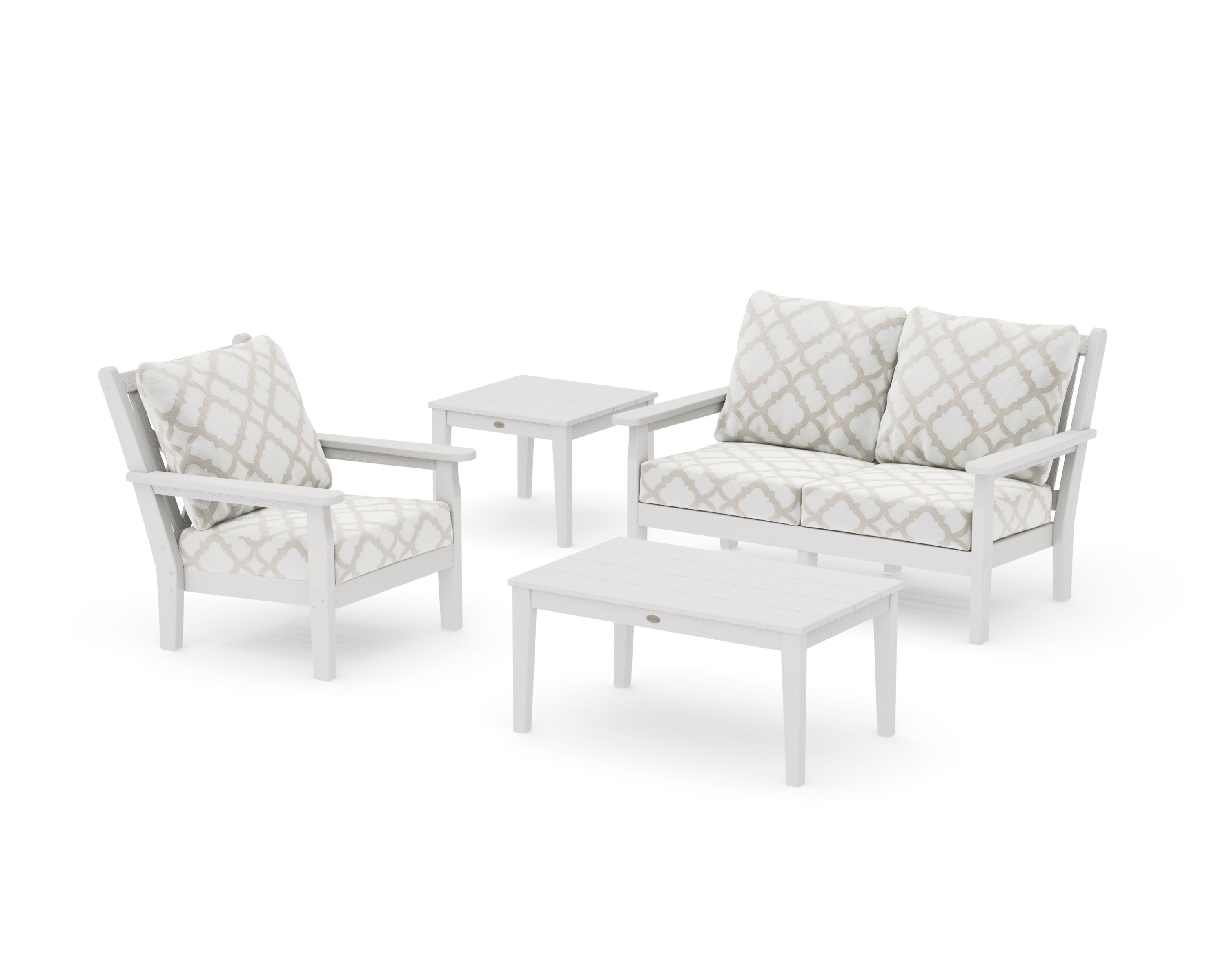 Chippendale 4-Piece Deep Seating Set in Vintage White / Trellis Dune Burlap