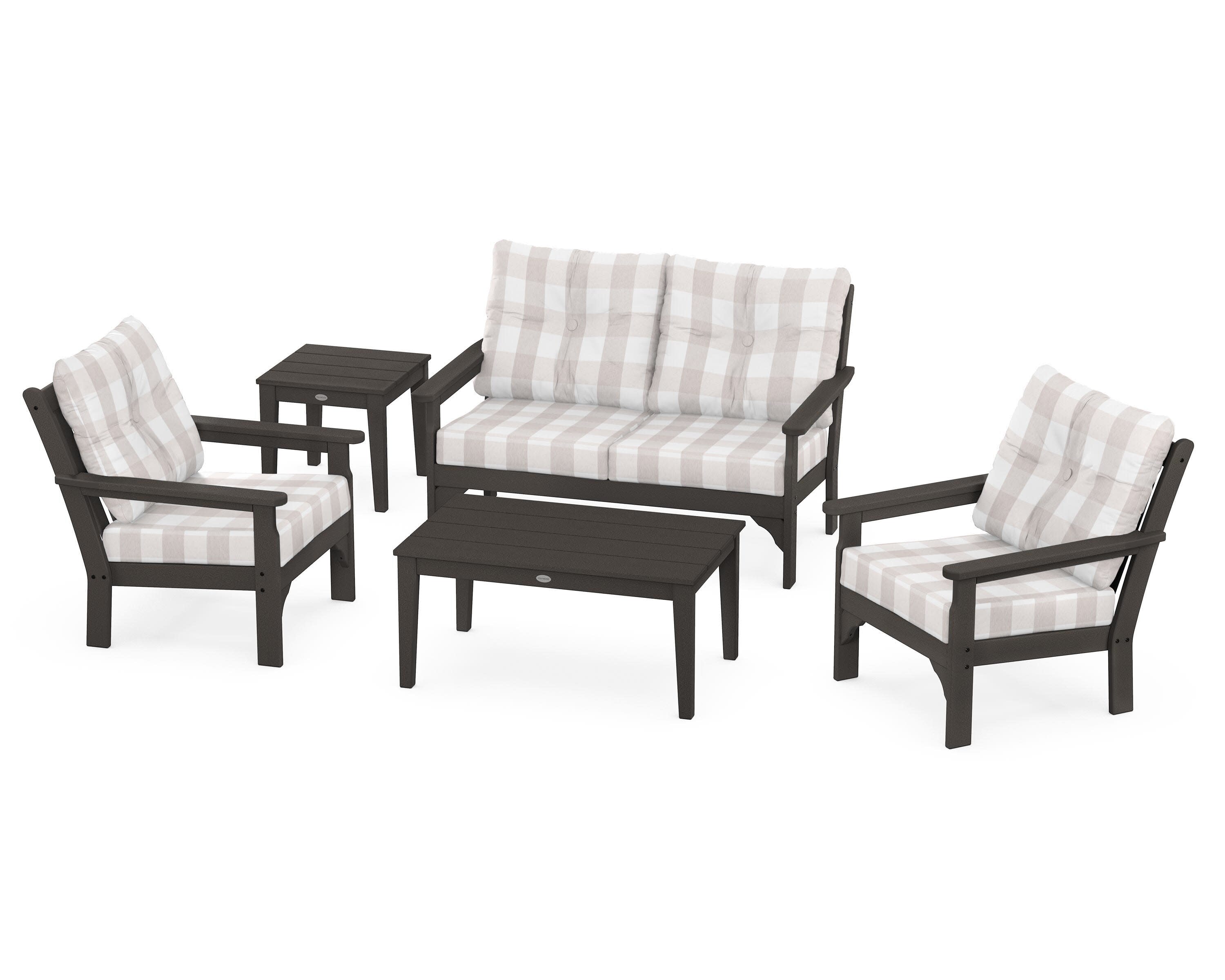 Vineyard 5-Piece Deep Seating Set in Vintage Coffee / Buffalo Plaid Dune Burlap