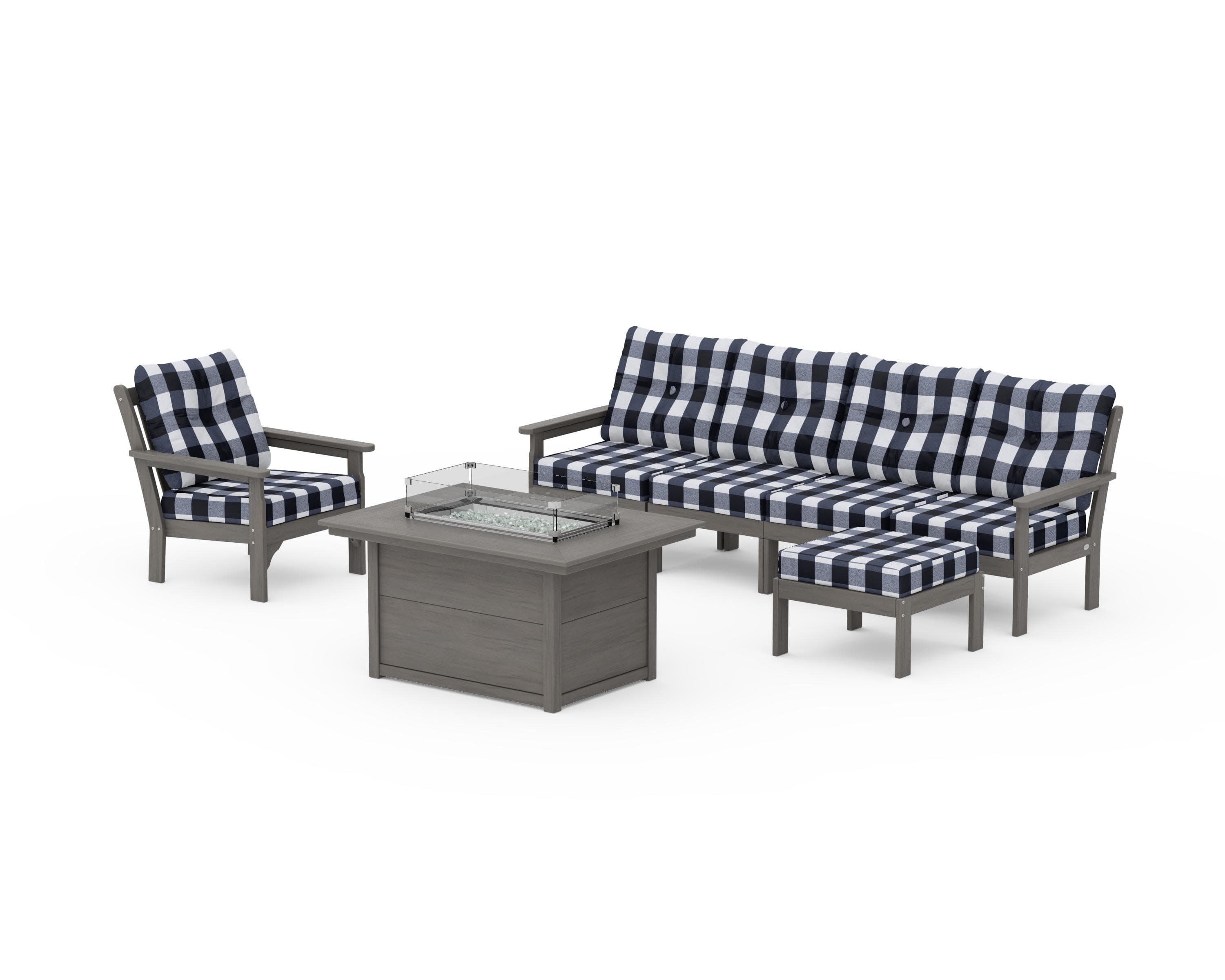 Vineyard Sectional Lounge and Fire Pit Set in Driftwood / Buffalo Plaid Marine Indigo
