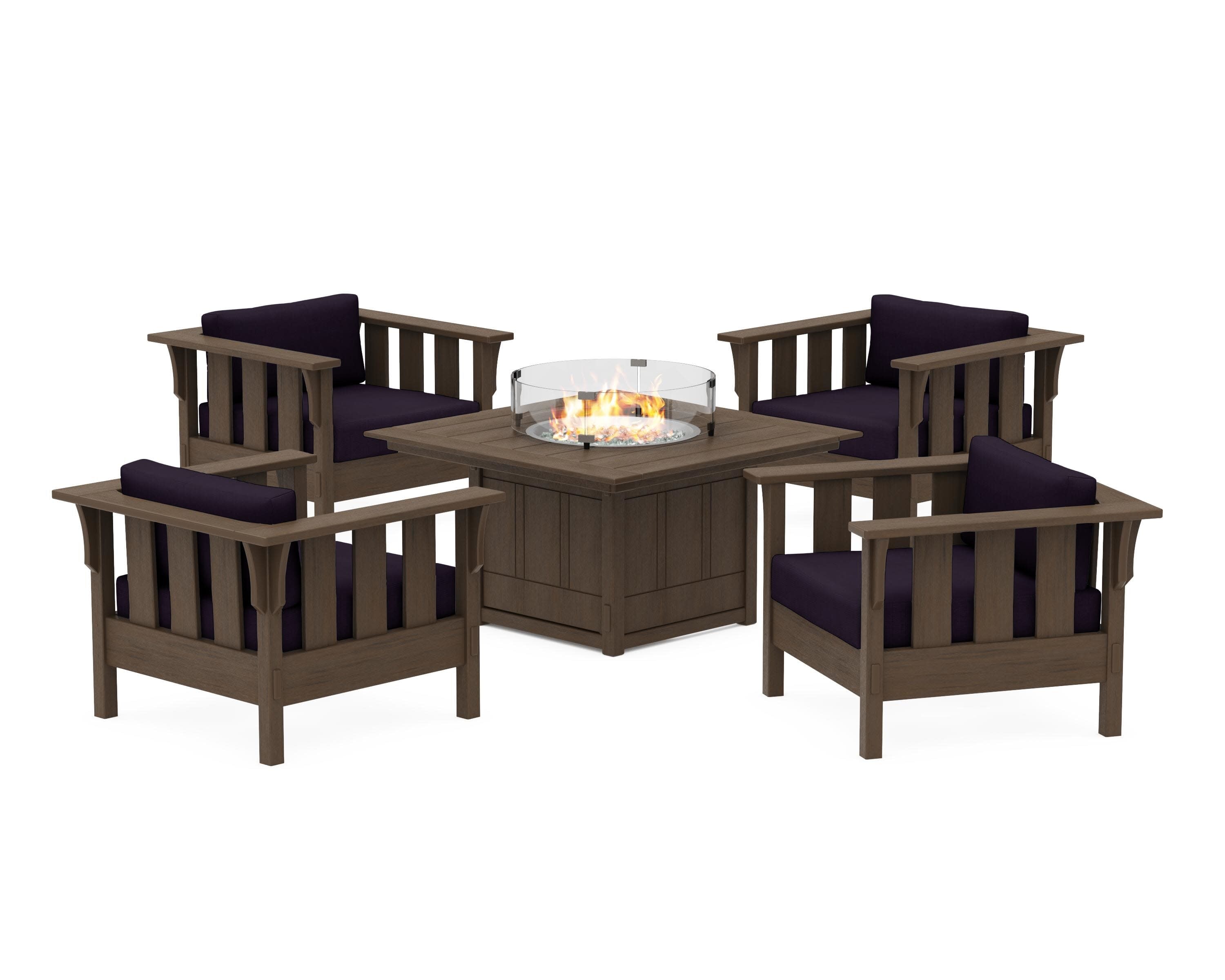 Acadia 5-Piece Deep Seating Set with Fire Pit Table in Kona / Navy Linen