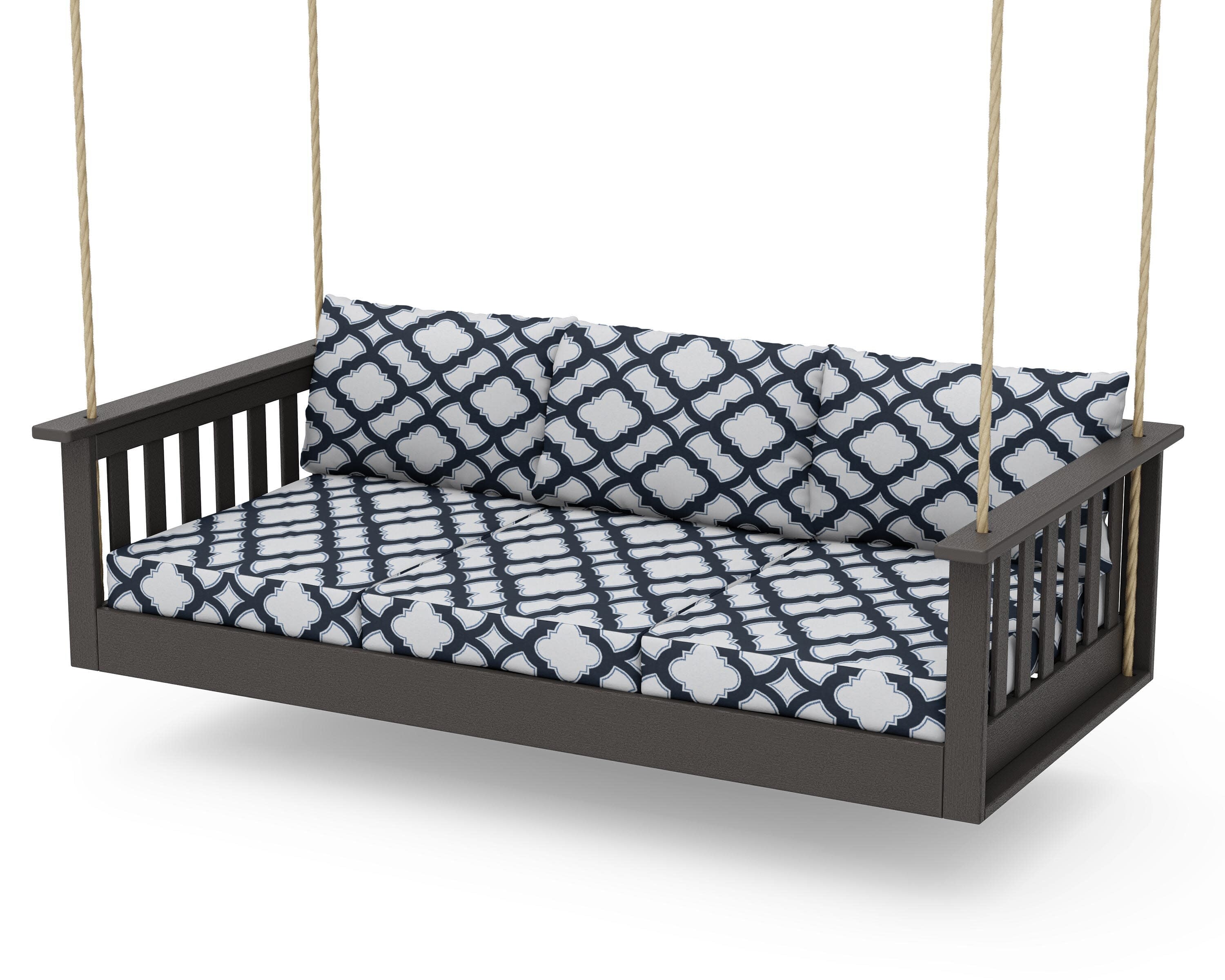 Vineyard Daybed Swing in Vintage Coffee / Trellis Marine Indigo