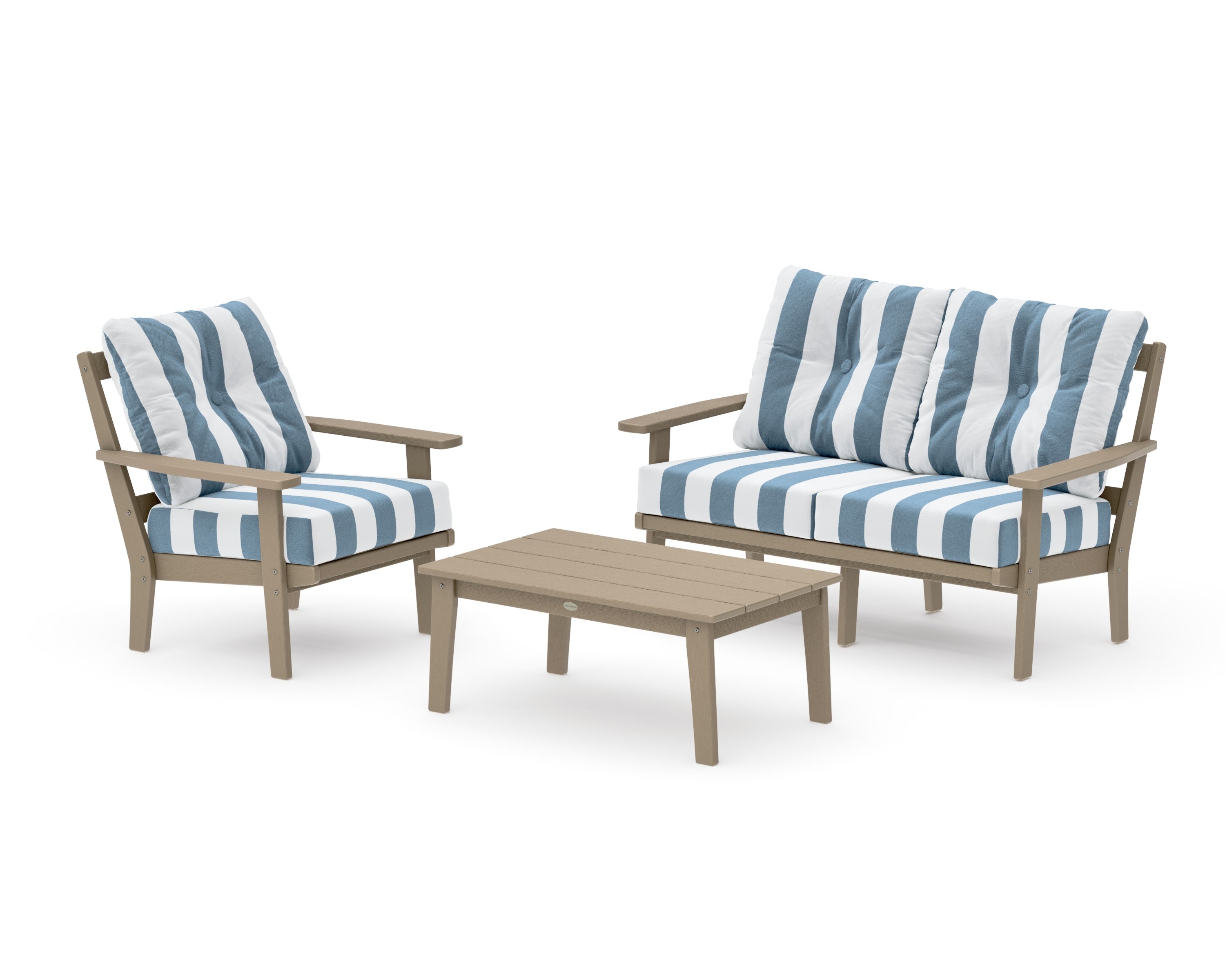 Prairie 3-Piece Deep Seating Set with Loveseat in Vintage Sahara / Cabana Stripe Sky Blue