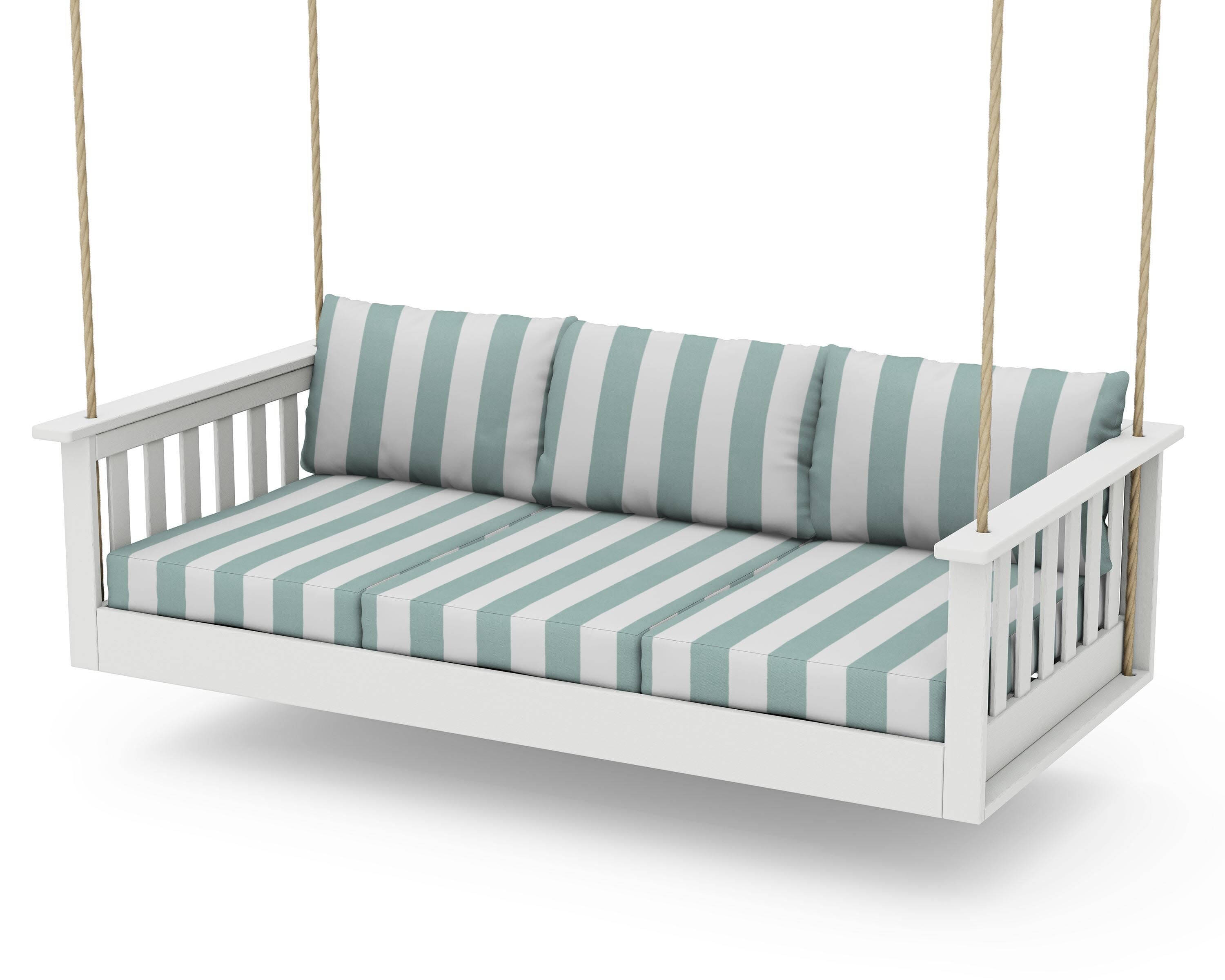 Vineyard Daybed Swing in Vintage White / Cabana Stripe Glacier Spa