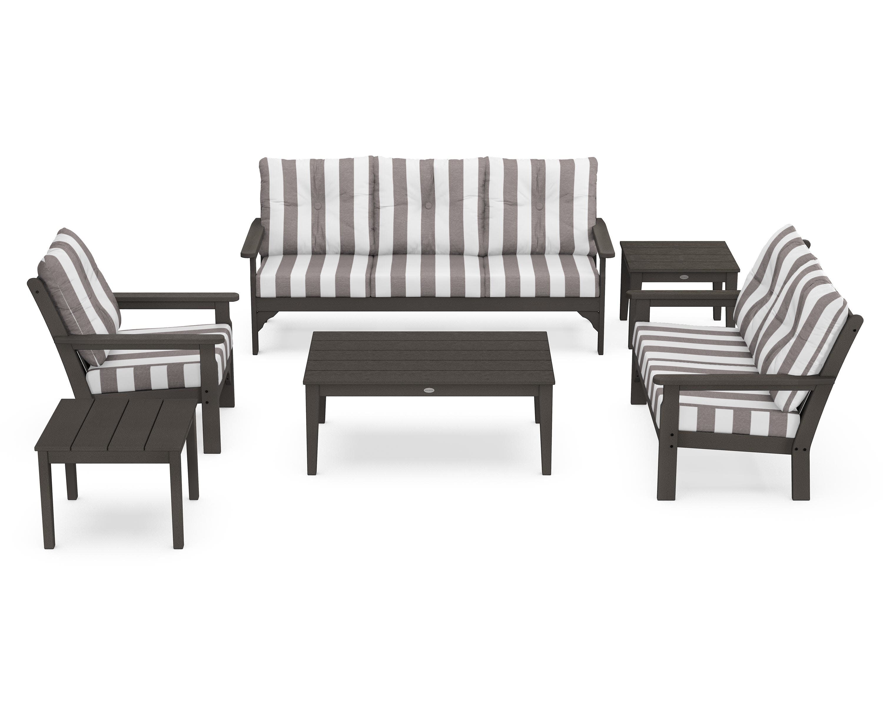 Vineyard 6-Piece Deep Seating Set in Vintage Coffee / Cabana Stripe Grey Mist
