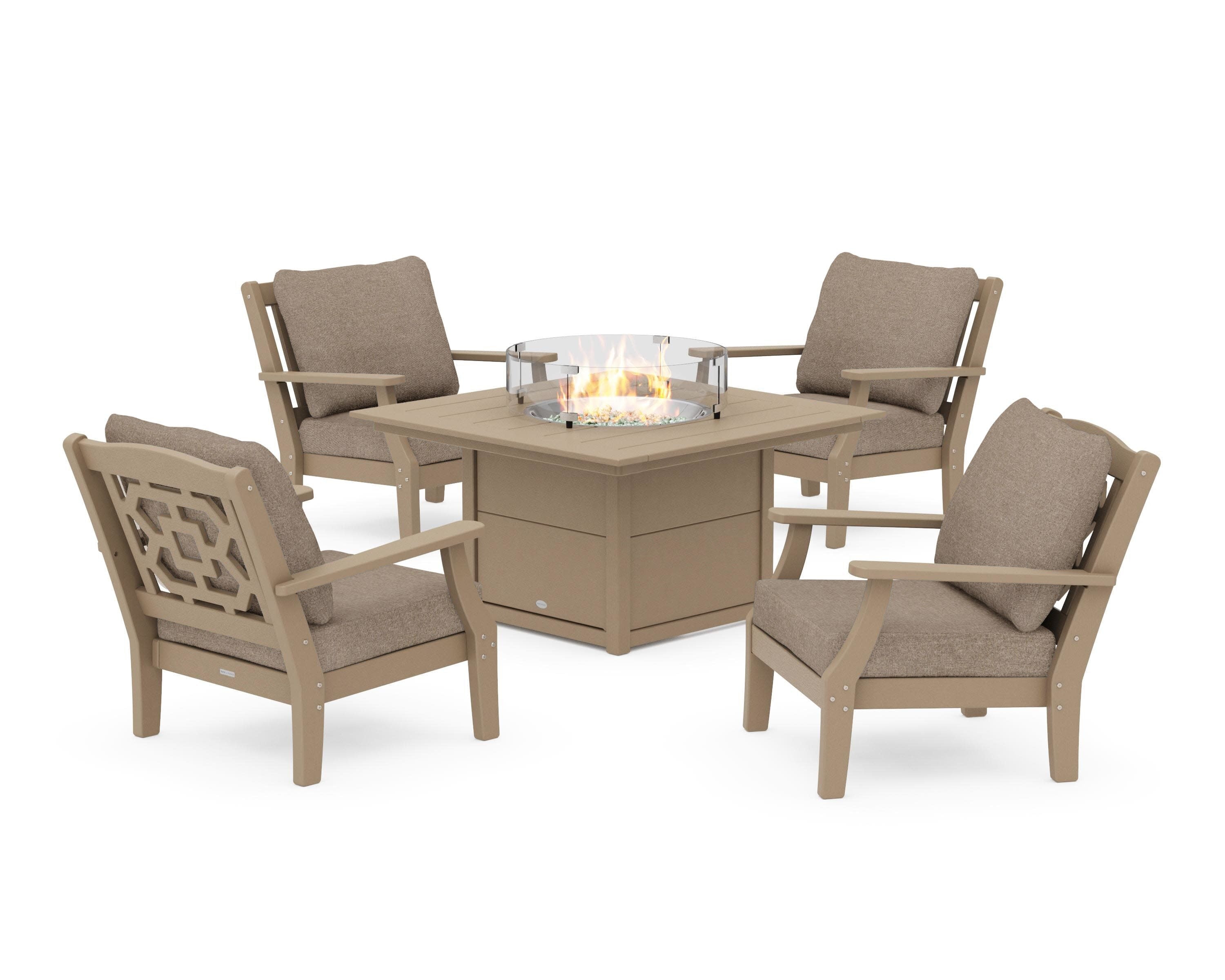 Chinoiserie 5-Piece Deep Seating Set with Fire Pit Table in Vintage Sahara / Spiced Burlap